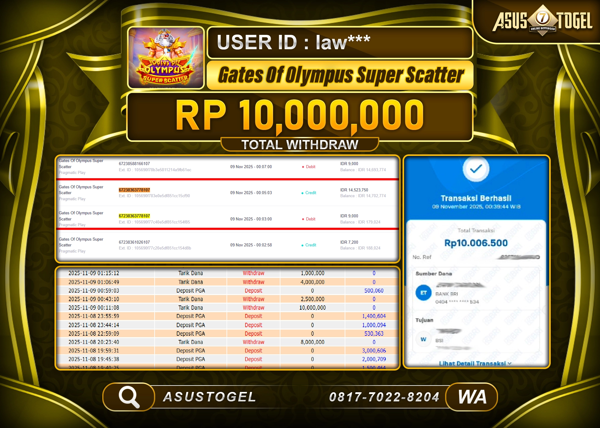 ASUSTOGEL KEMENANGAN DI SLOT GATES OF OLYMPUS SUPER SCATTER SEBESAR 10,000,000 - RUPIAH LUNAS