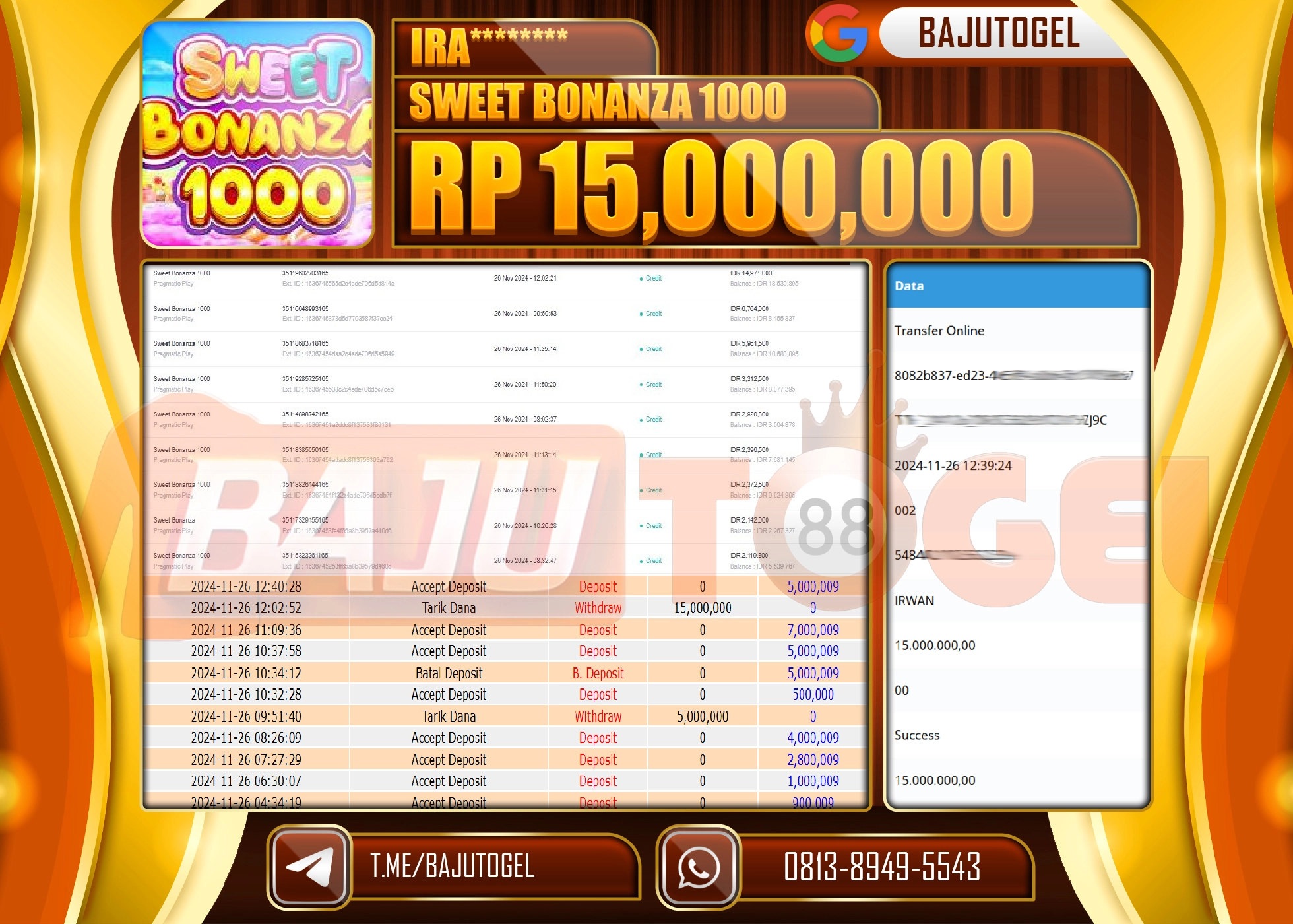 BAJUTOGEL JACKPOT SWEET BONANZA 1000 Rp.15.000.000 LUNAS