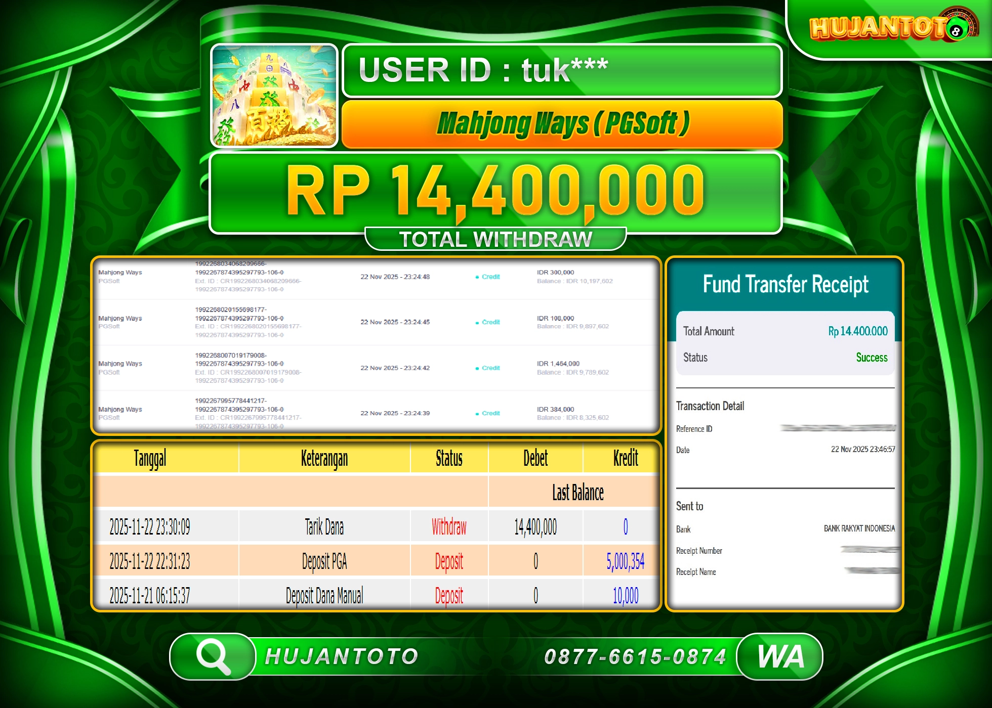 HUJANTOTO - BUKTI JACKPOT MENANG SLOT MAHJONG WAYS Rp.14,400,000 - TERBAYAR LUNAS
