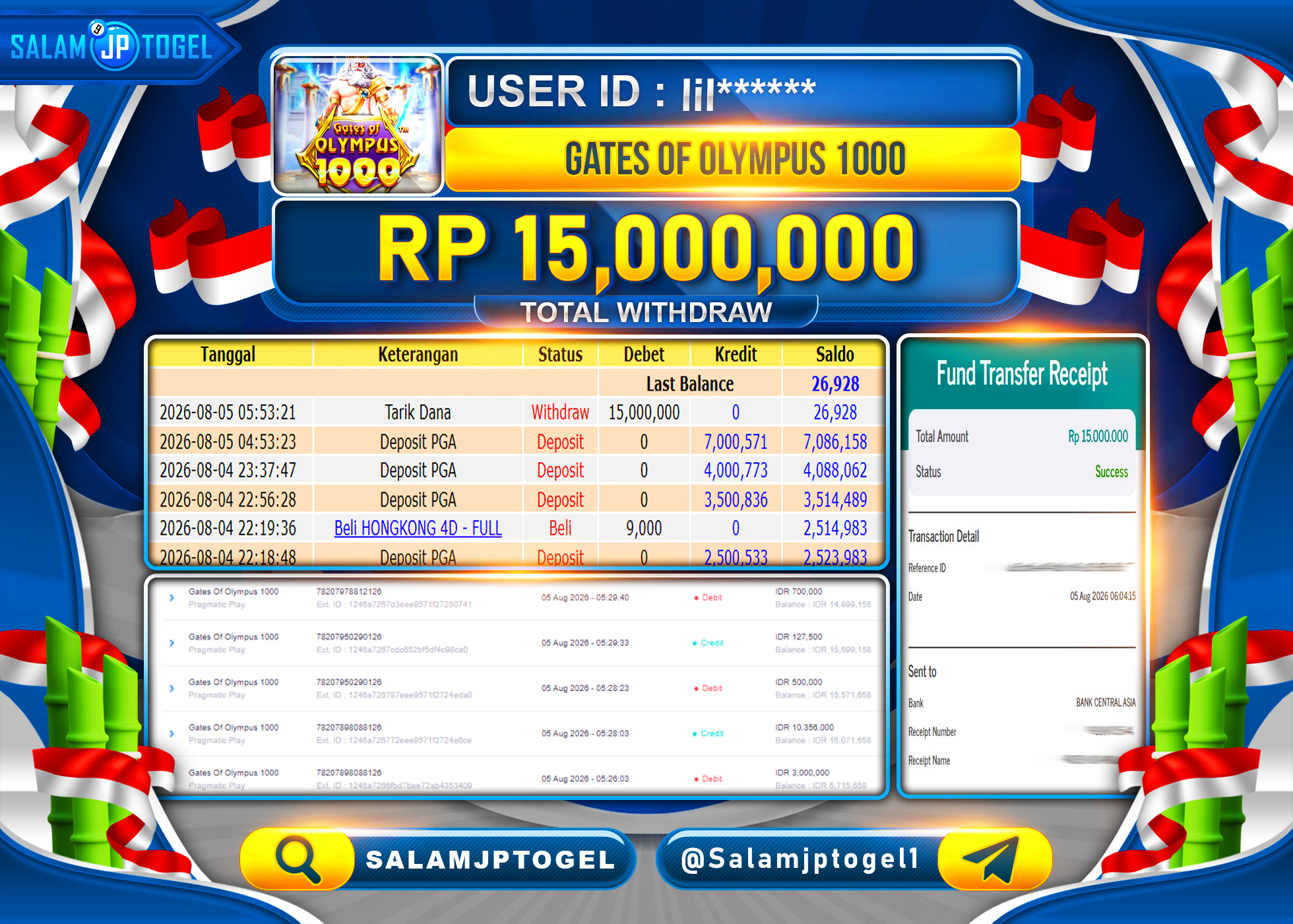 SALAMJPTOGEL JACKPOT MENANG SLOT Gates Of Olympus 1000 Rp.15,000,000 - LUNAS