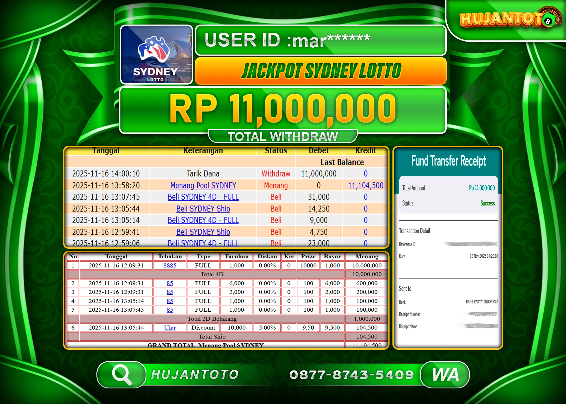 HUJANTOTO - BUKTI JACKPOT MENANG DI TOGEL SYDNEY LOTTO SEBESAR  Rp.11,000,000 - TERBAYAR LUNAS