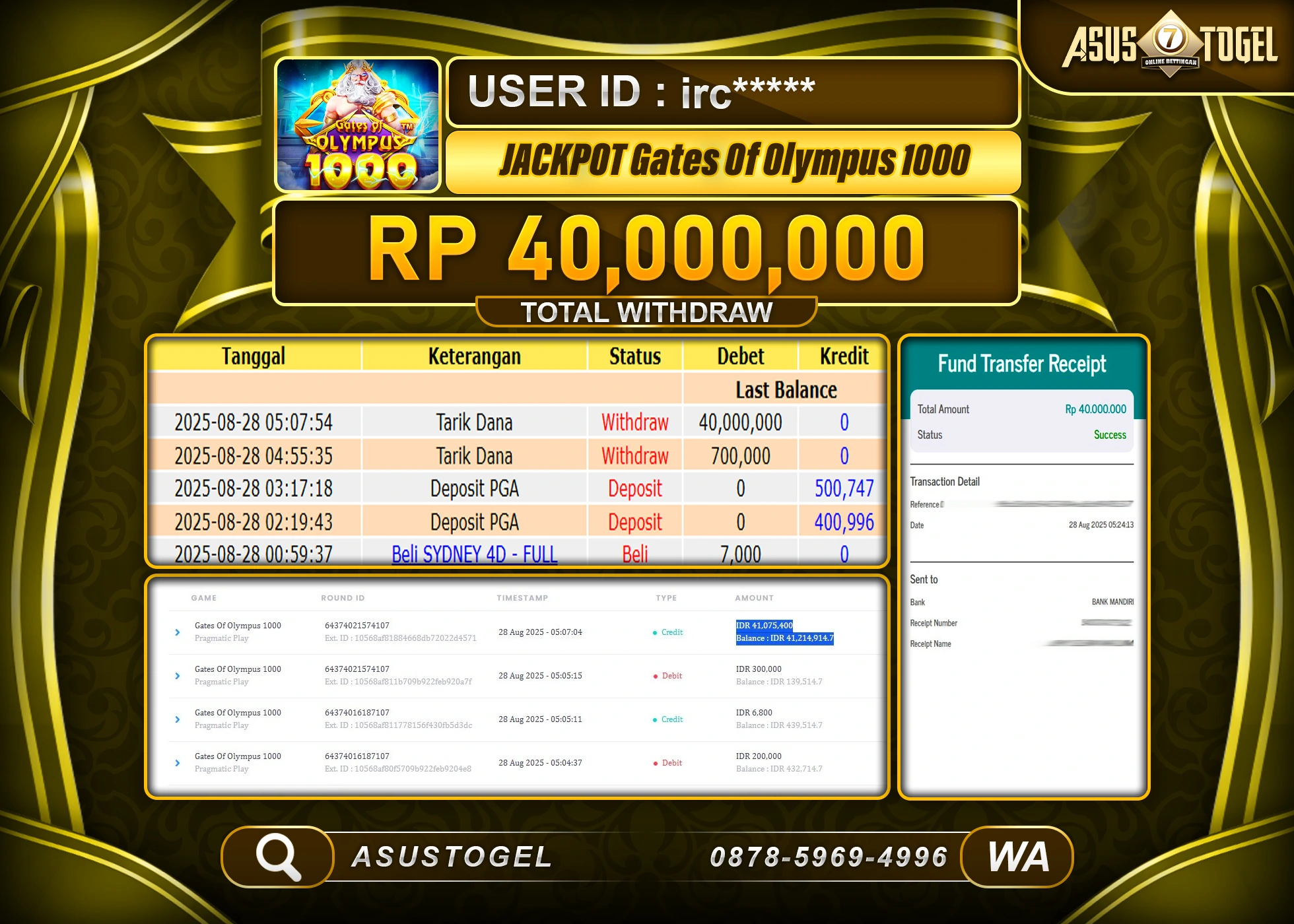 ASUSTOGEL KEMENANGAN DI LIVE GAMES 24D SPIN SEBESAR 40,000,000- RUPIAH LUNAS