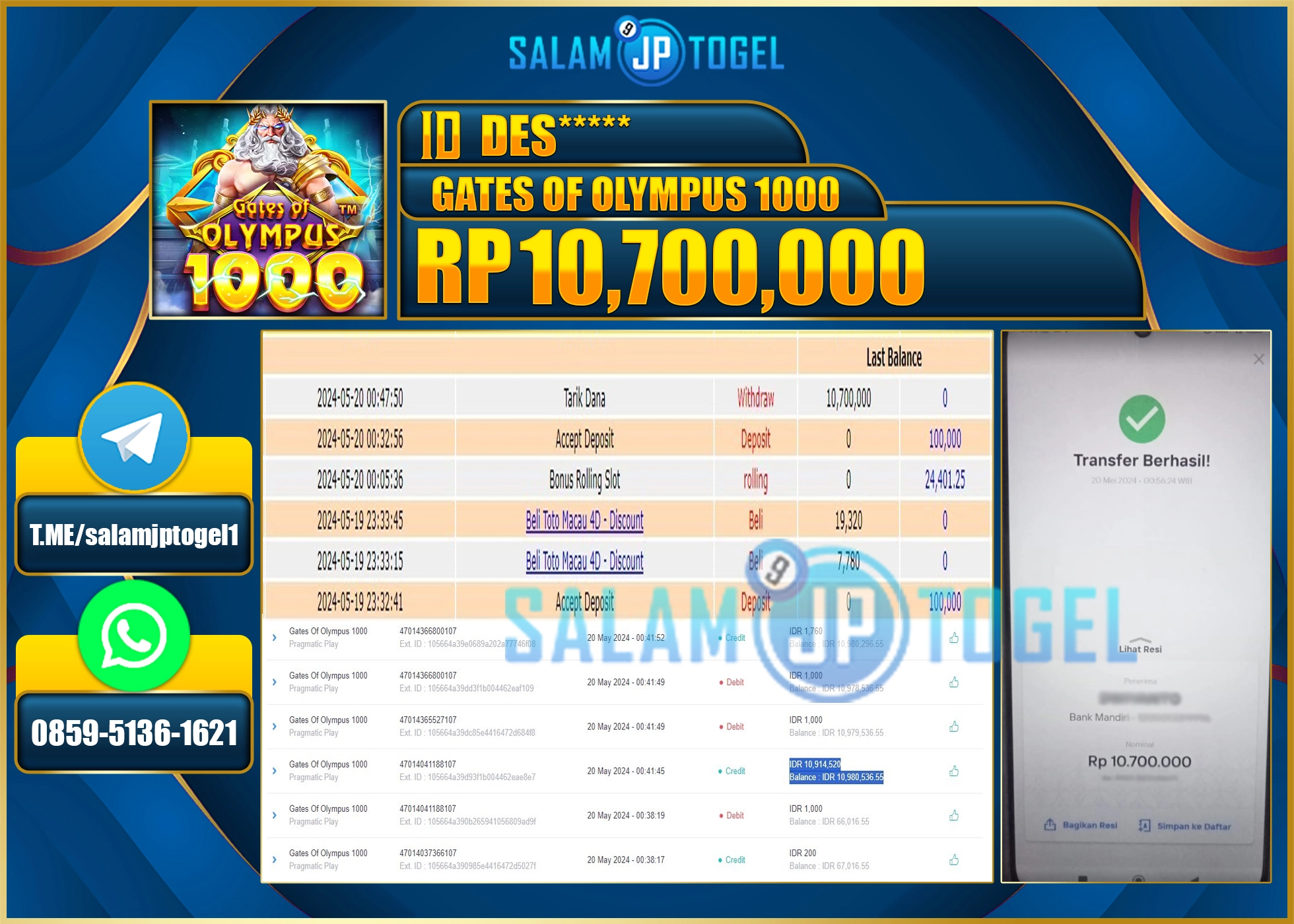 SALAMJPTOGEL MENANG Gates Of Olympus 1000 RP. 10,700,000.,- LUNAS