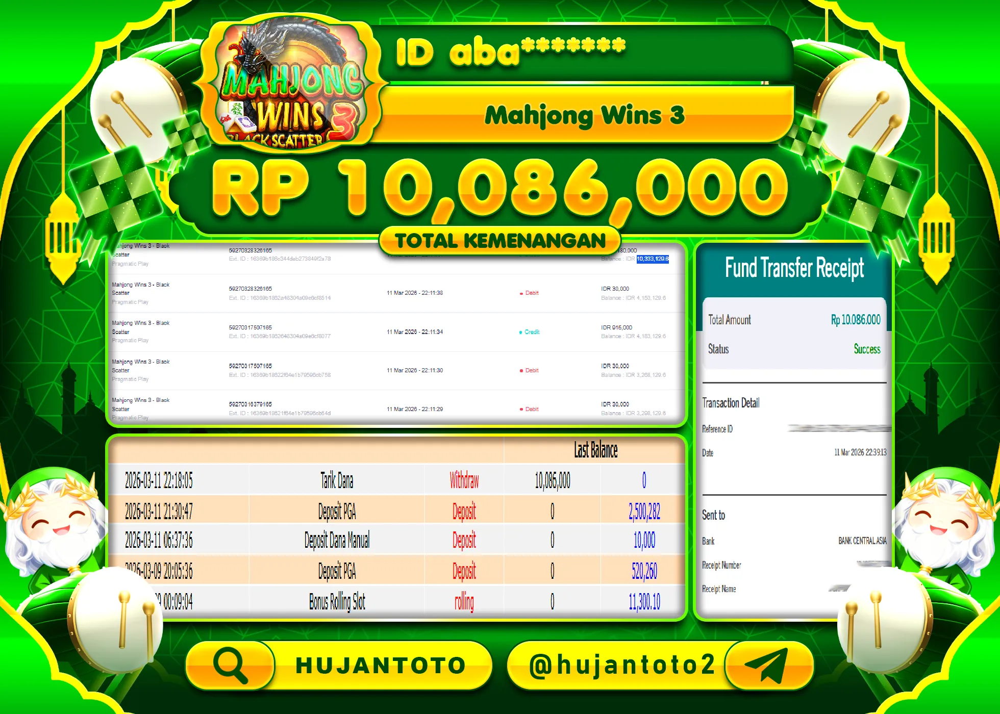 HUJANTOTO - BUKTI JACKPOT MENANG SLOT MAHJONG WINS 3 Rp.10,086,000 - TERBAYAR LUNAS