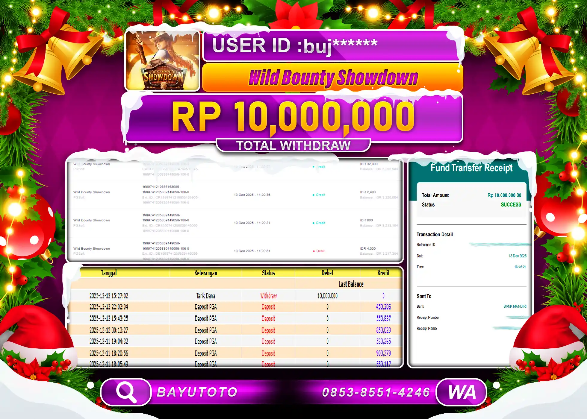 SELAMAT MEMBER SETIA BAYUTOTO JACKPOT DI SLOT WILD BOUNTY SHOWDOWN Rp. 10,000,000 LUNAS