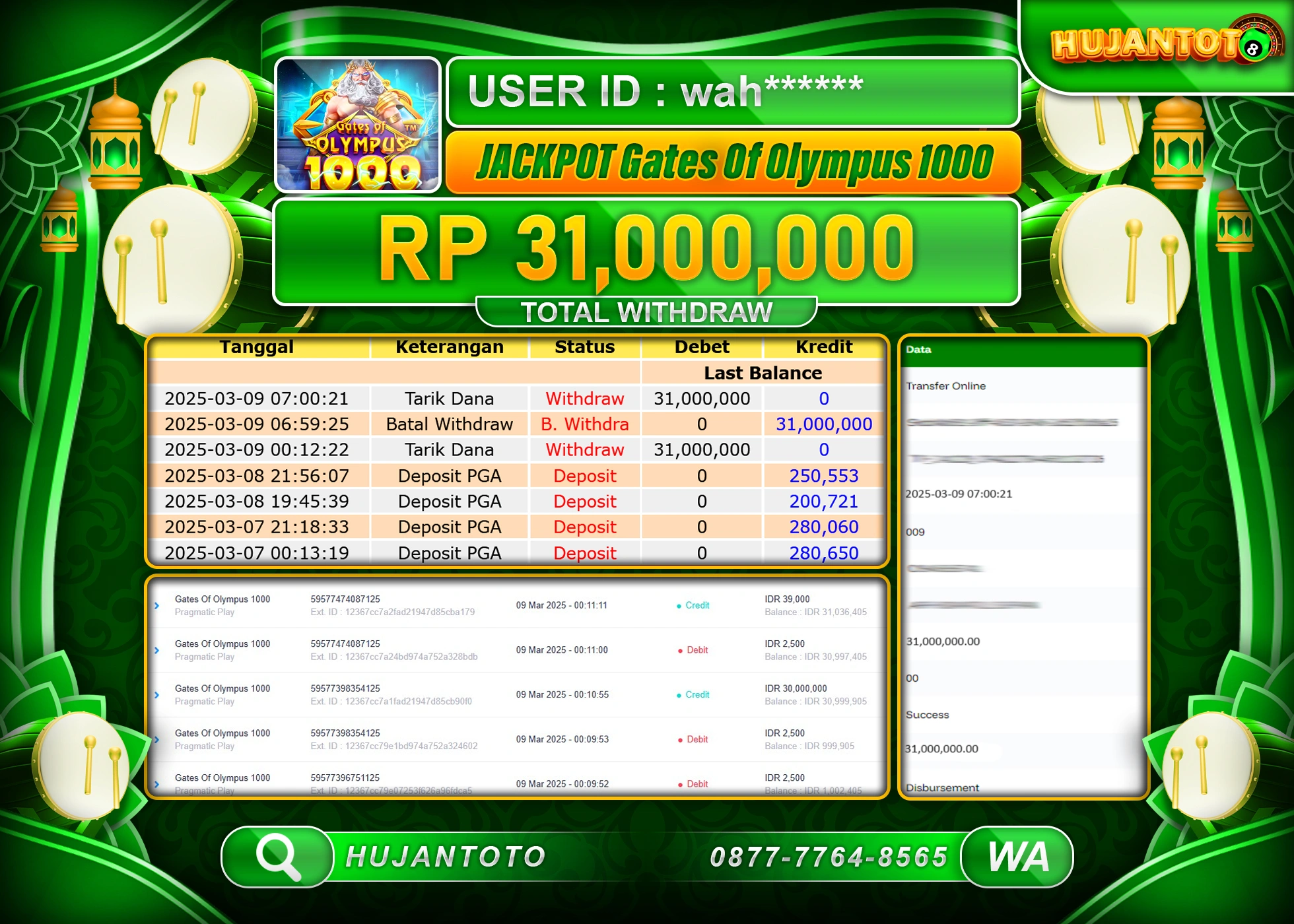 HUJANTOTO - BUKTI JACKPOT MENANG SLOT GATES OF OLYMPUS 1000 Rp,31,000,000 - TERBAYAR LUNAS