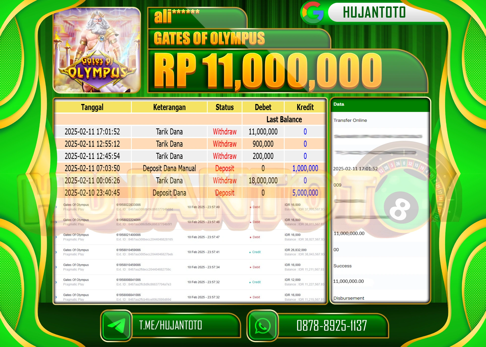 HUJANTOTO - BUKTI JACKPOT MENANG SLOT GATES OF OLYMPUS Rp 11,000,000 - TERBAYAR LUNAS