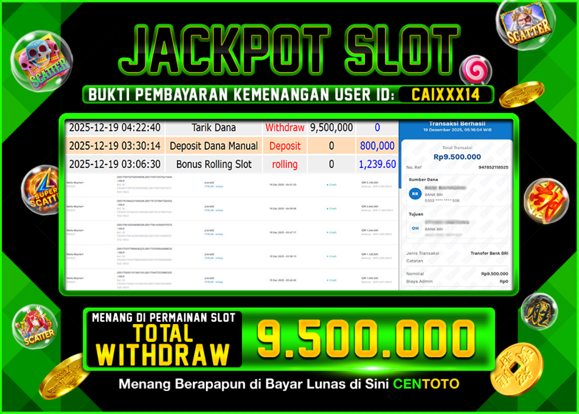 BUKTI JACKPOT SLOT CENTOTO  RP.9.500.000,-LUNAS