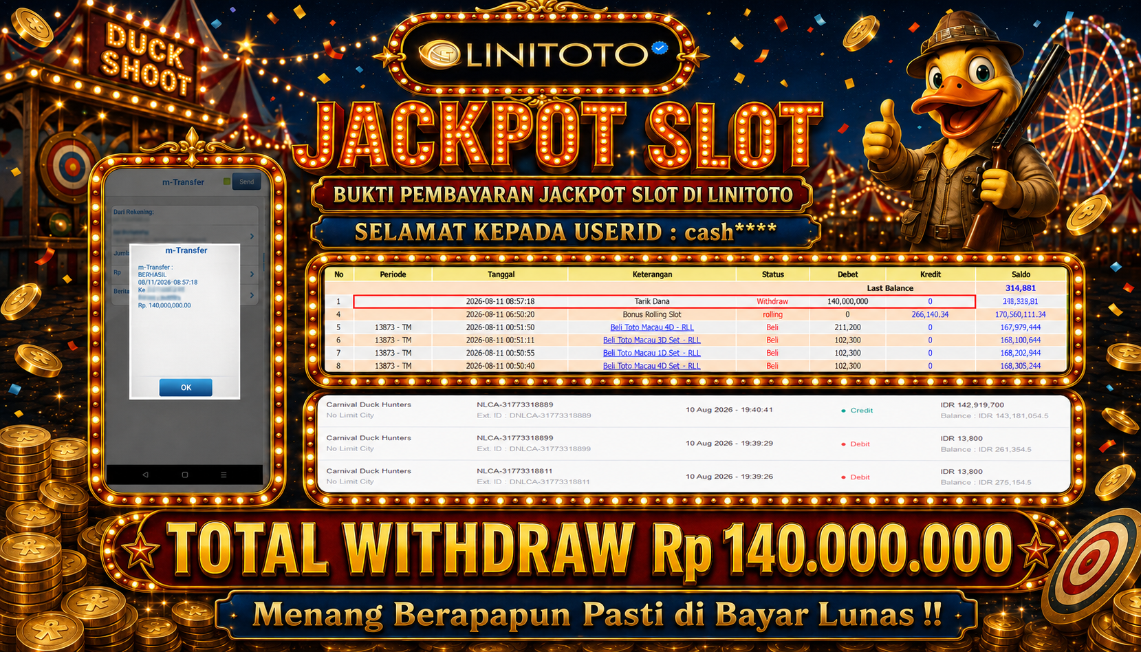 LINITOTO JACKPOT SLOT Carnival Duck Hunters  Rp.140,000,000 - LUNAS