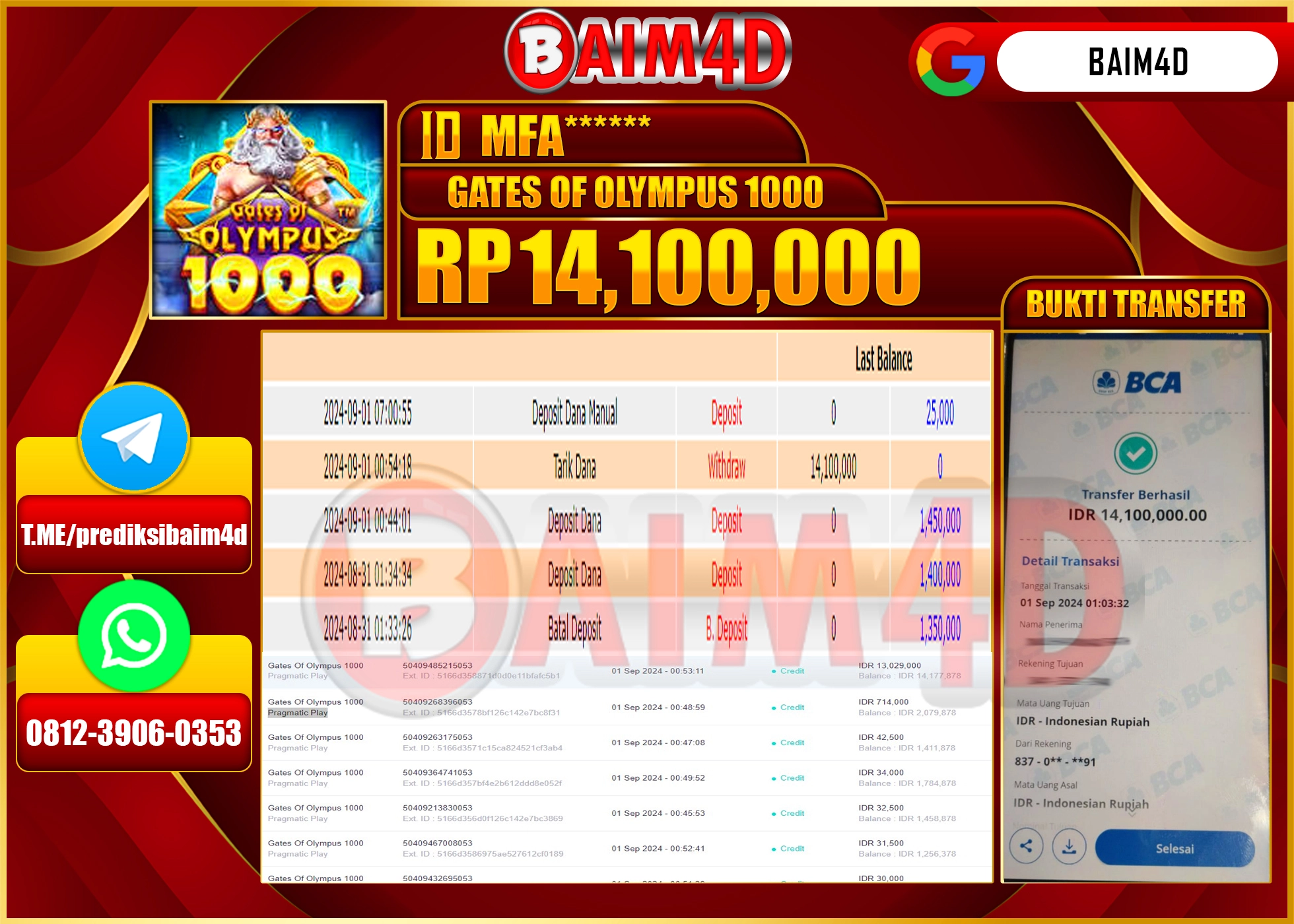 BAIM4D JACKPOT GATES OF OLYMPUS 1000 Rp.14.100,000.- LUNAS