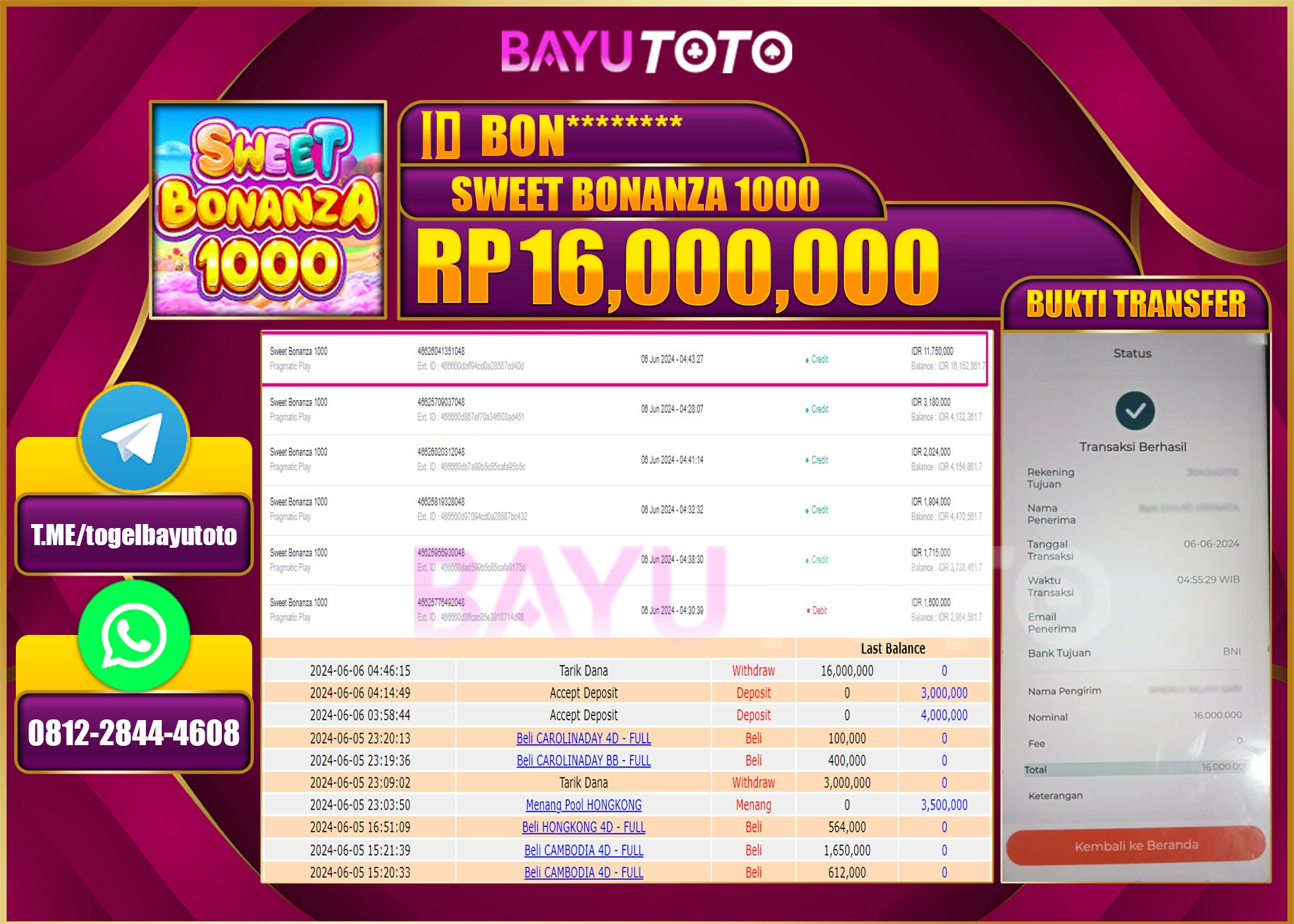 BAYUTOTO JACKPOT SLOT GAME SWEET BONANZA 1000  Rp.16.000.000 LUNAS