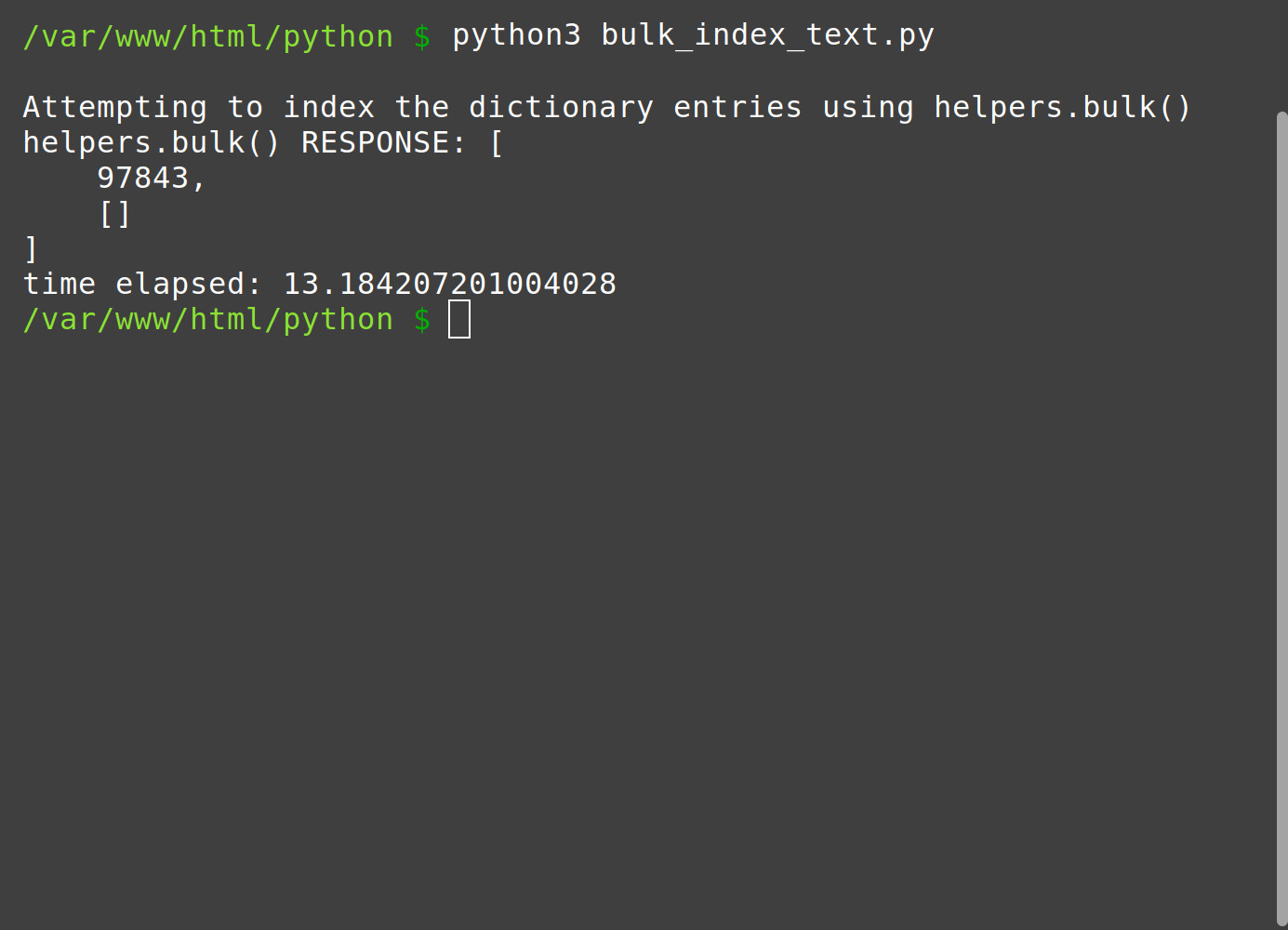 Screenshot of Python returning a response using the Bulk API call to index Elasticsearch documents