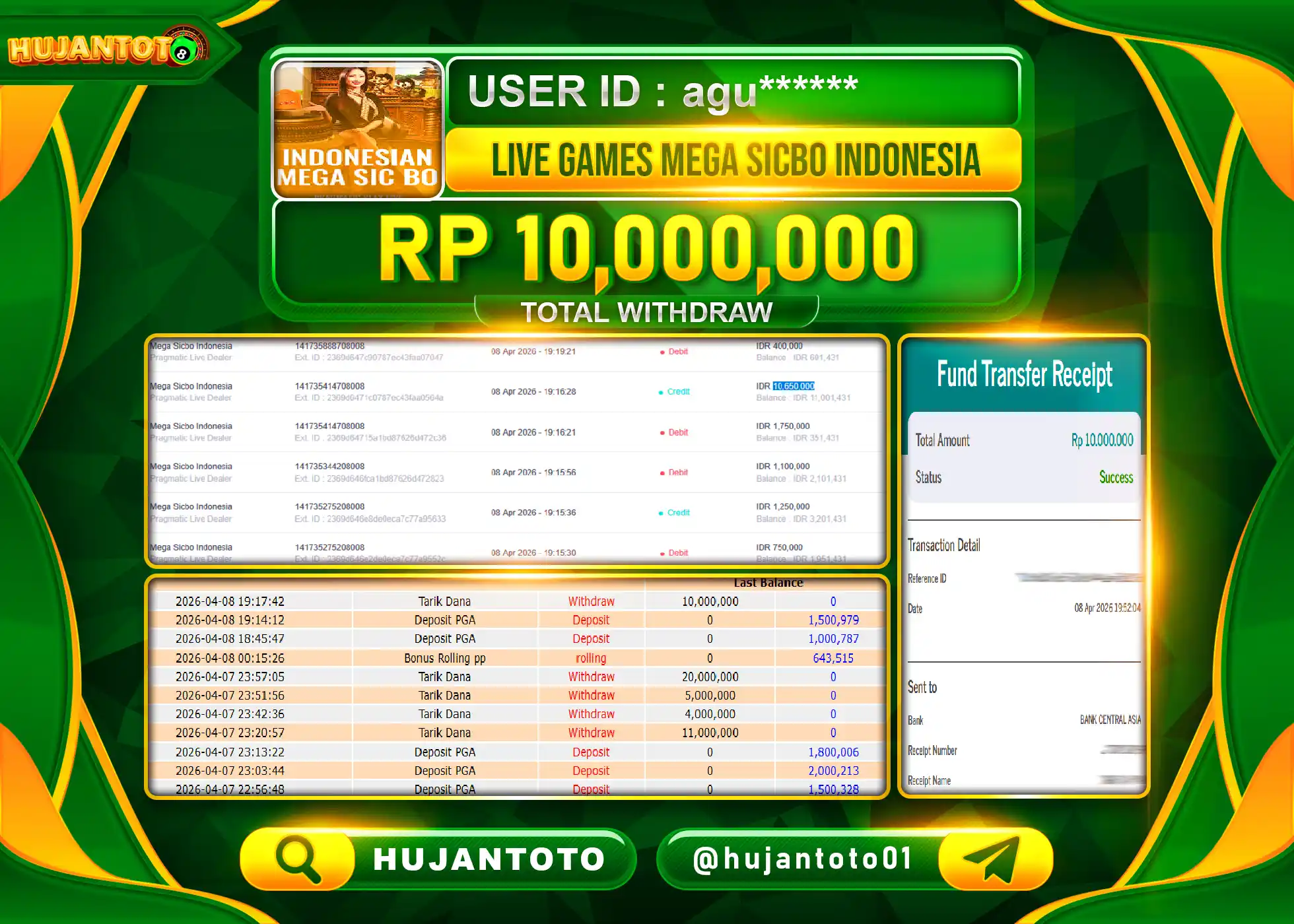 HUJANTOTO - BUKTI JACKPOT MENANG JACKPOT LIVE GAME MEGA SICBO  Rp.10,000,000 - TERBAYAR LUNAS