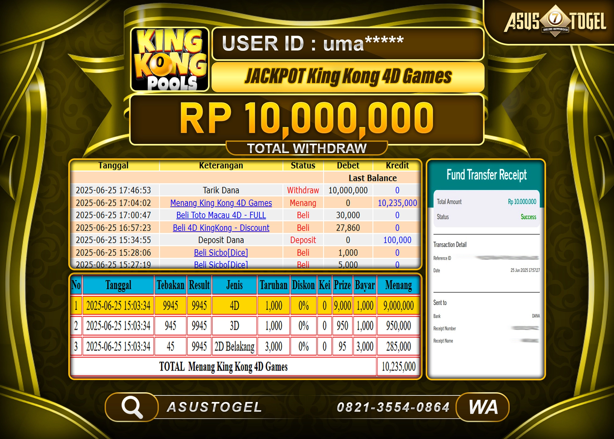 ASUSTOGEL KEMENANGAN DI TOGEL KING KONG 4D SEBESAR 10,000,000- RUPIAH LUNAS