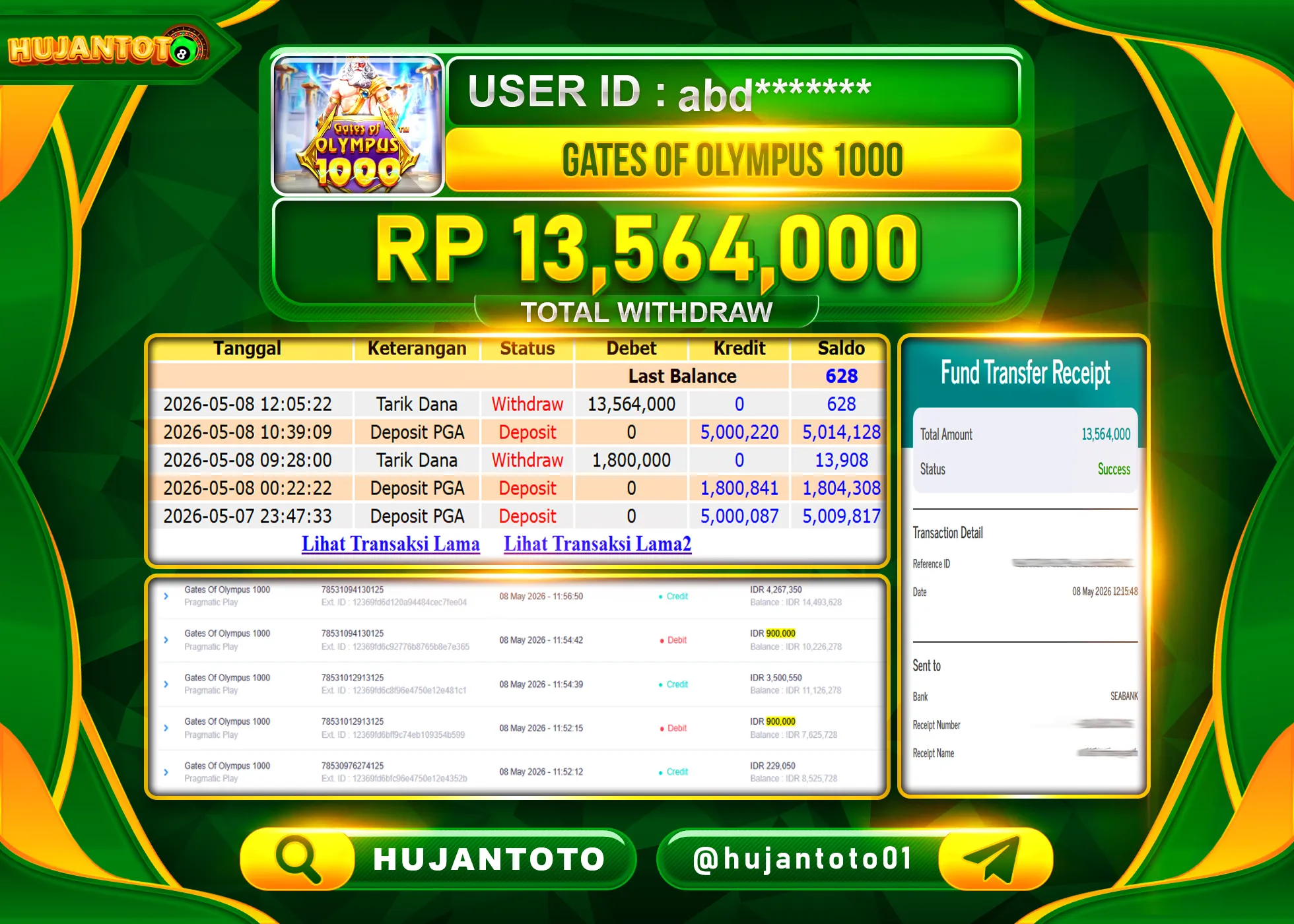 HUJANTOTO - BUKTI JACKPOT MENANG SLOT GATES OF OLYMPUS 1000  Rp.13,564,000 - TERBAYAR LUNAS