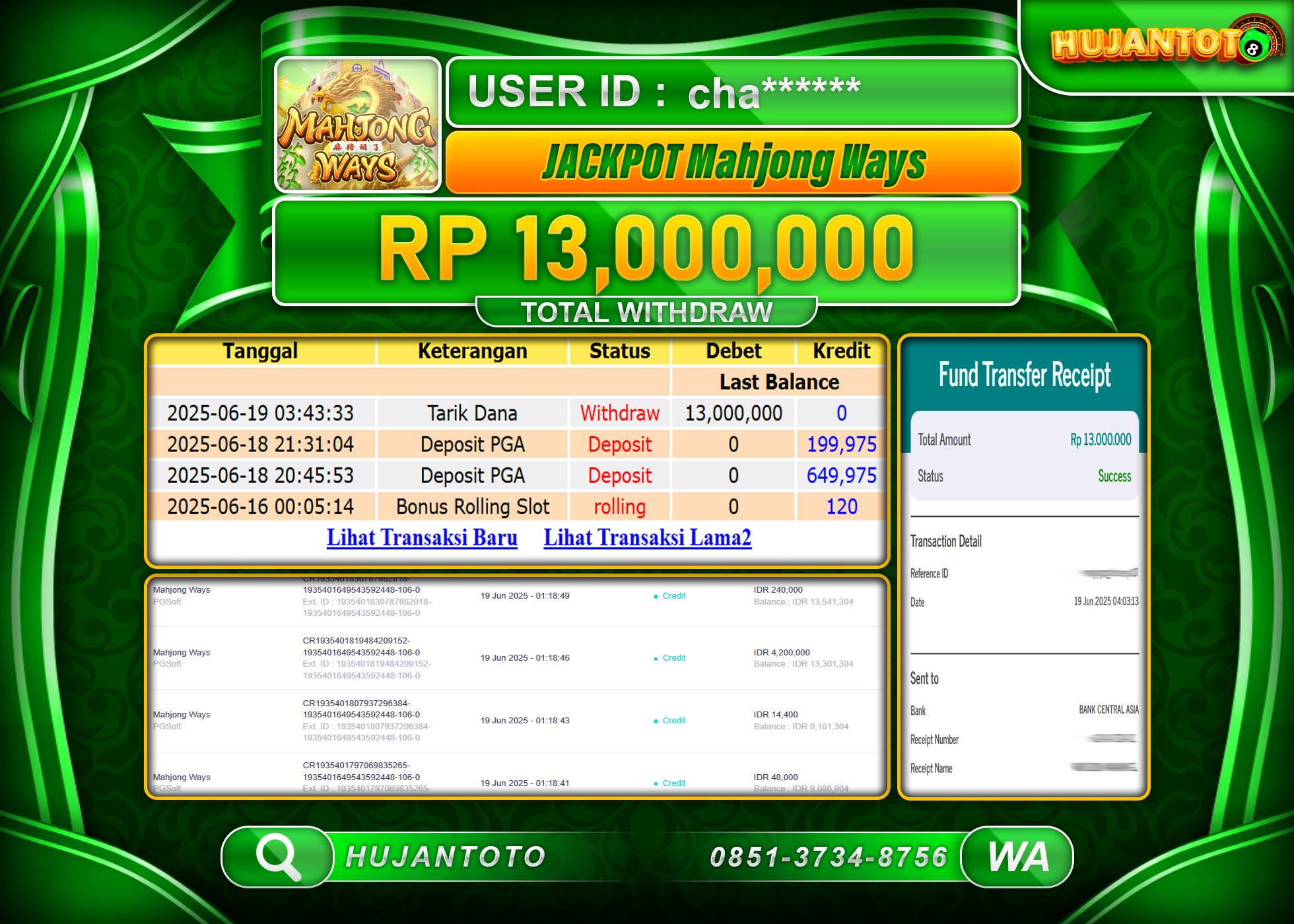 HUJANTOTO - BUKTI JACKPOT MENANG SLOT MAHJONG WAYS  Rp.13,000,000 - TERBAYAR LUNAS