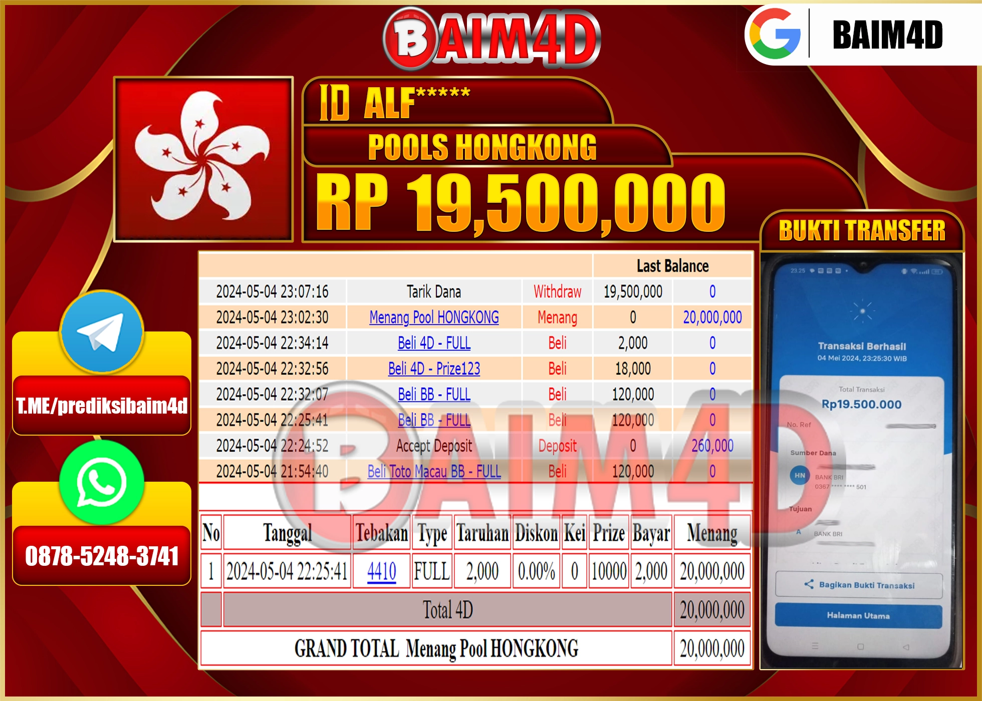 BAIM4D JACKPOT POOL HONGKONG Rp.19,500,000.,- LUNAS