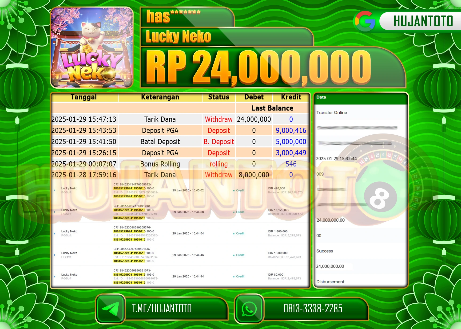 HUJANTOTO - BUKTI JACKPOT MENANG SLOT LUCKY NEKO Rp,24,000,000  - TERBAYAR LUNAS