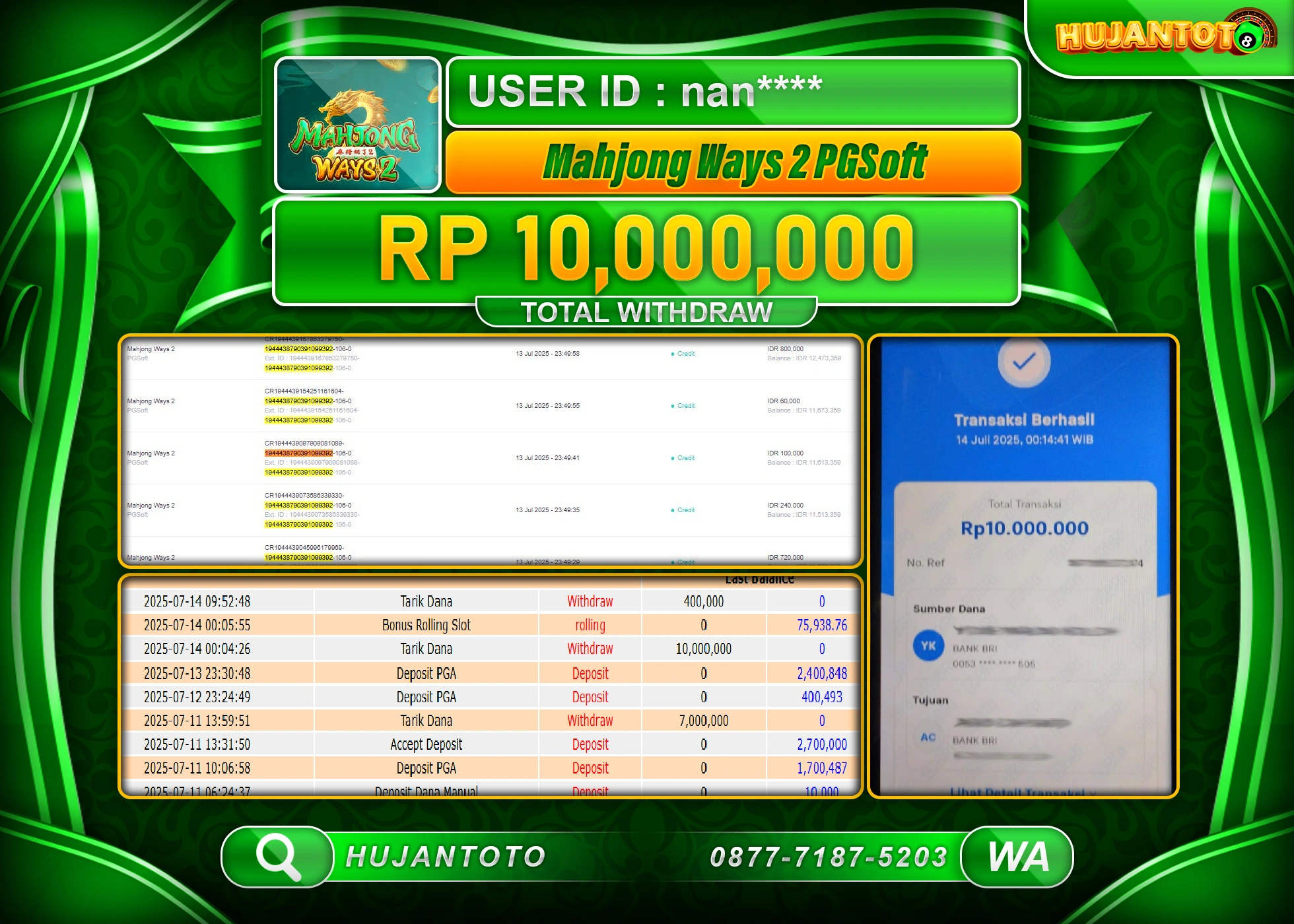 HUJANTOTO - BUKTI JACKPOT MENANG SLOT MAHJONG WAYS 2 Rp.10,000,000 - TERBAYAR LUNAS