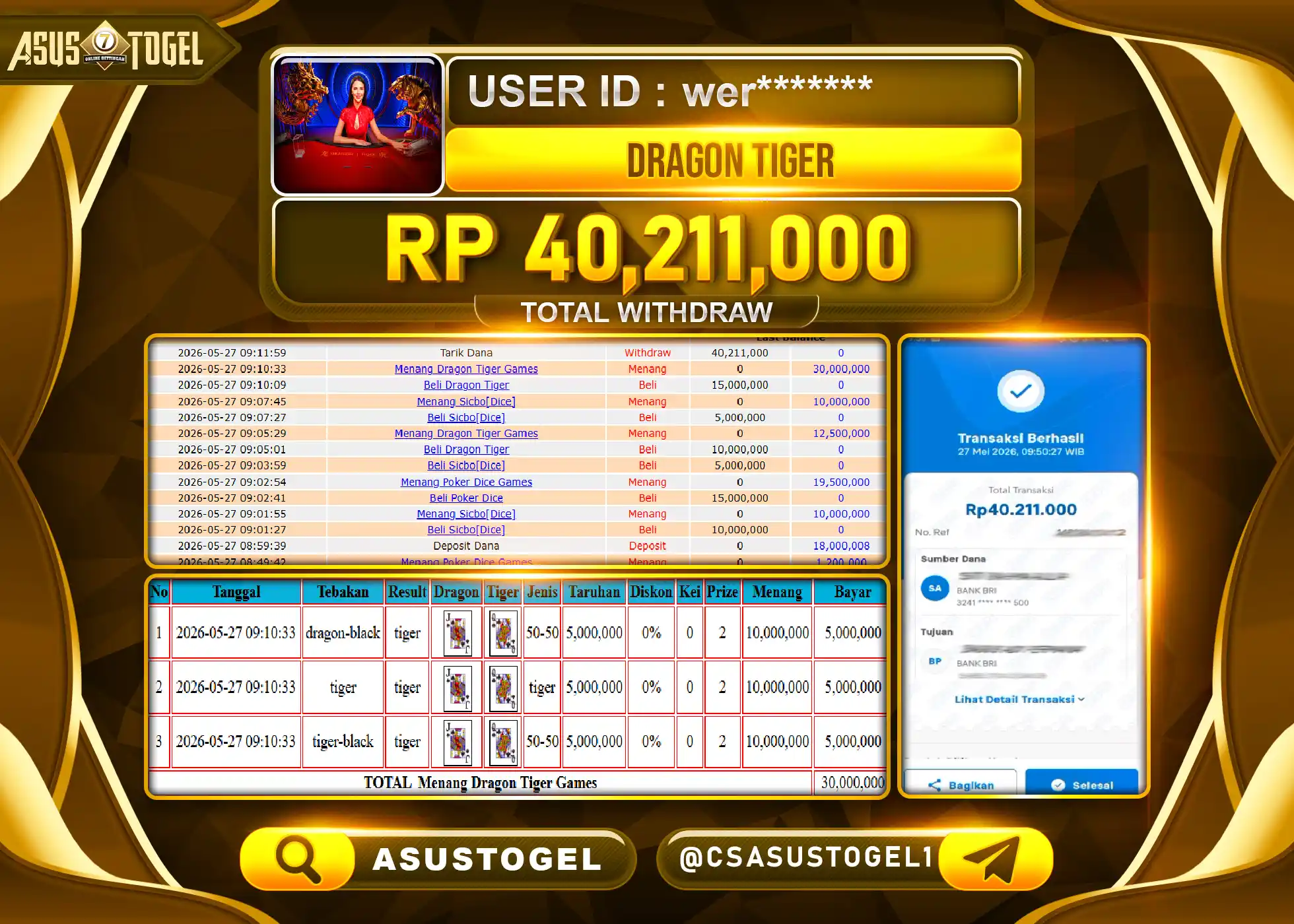 ASUSTOGEL KEMENANGAN JACKPOT PERMAINAN LIVEGAMES DRAGON TIGER Rp.40,211,000 - RUPIAH LUNAS