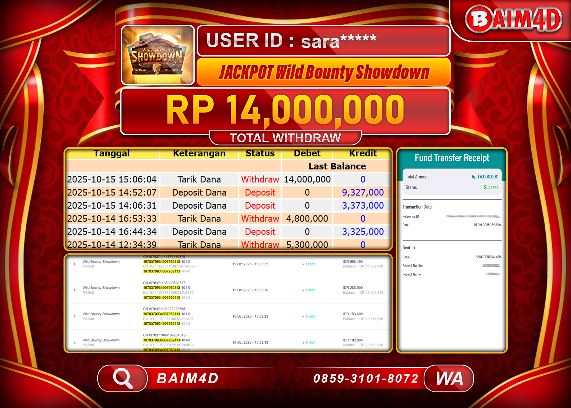 BAIM4D JACKPOT SLOT WILD BOUNTY SHOWDOWN Rp.14,000,000.- LUNAS