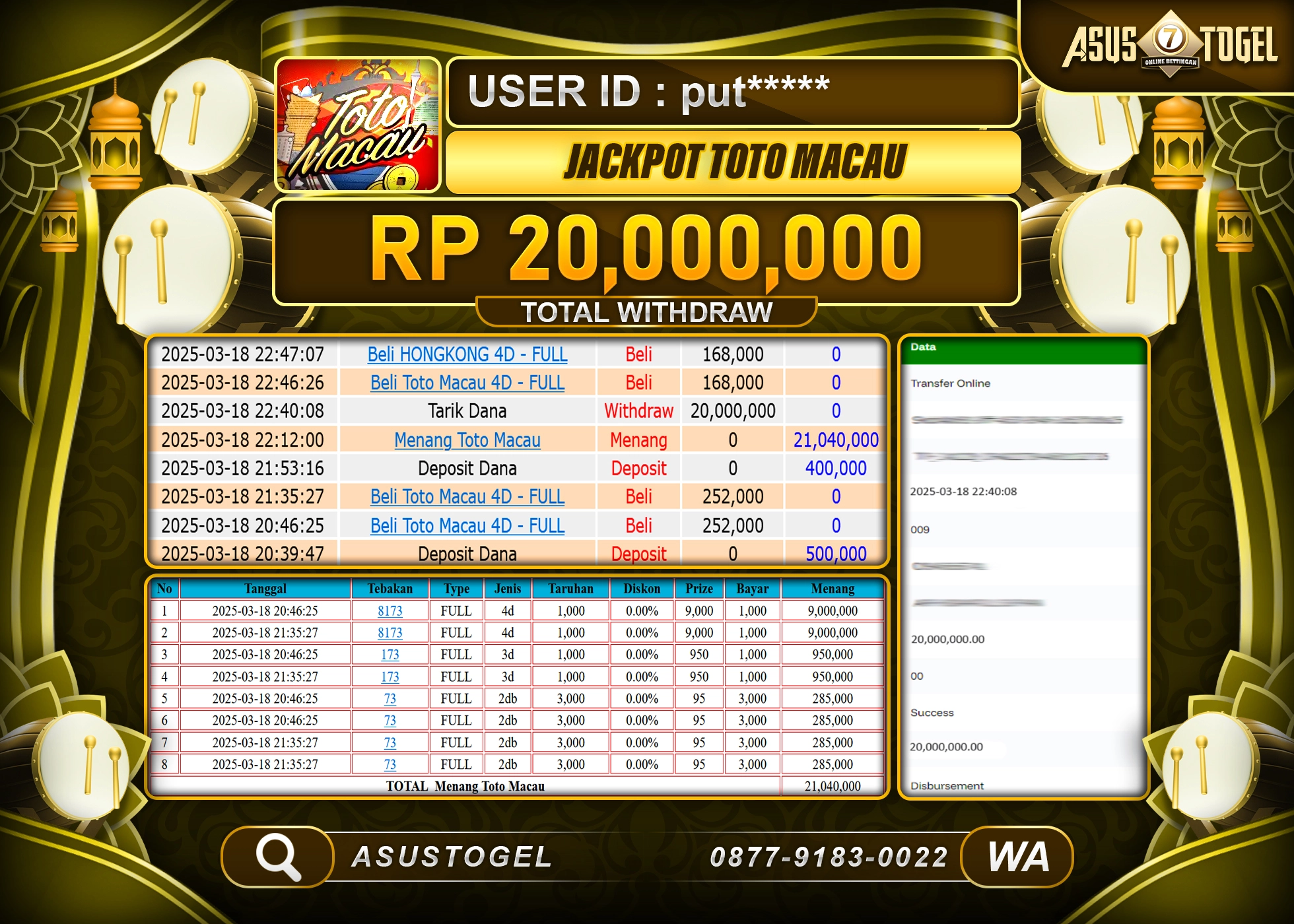 ASUSTOGEL KEMENANGAN DI TOGEL TOTO MACAU SEBESAR 20,000,000- RUPIAH LUNAS