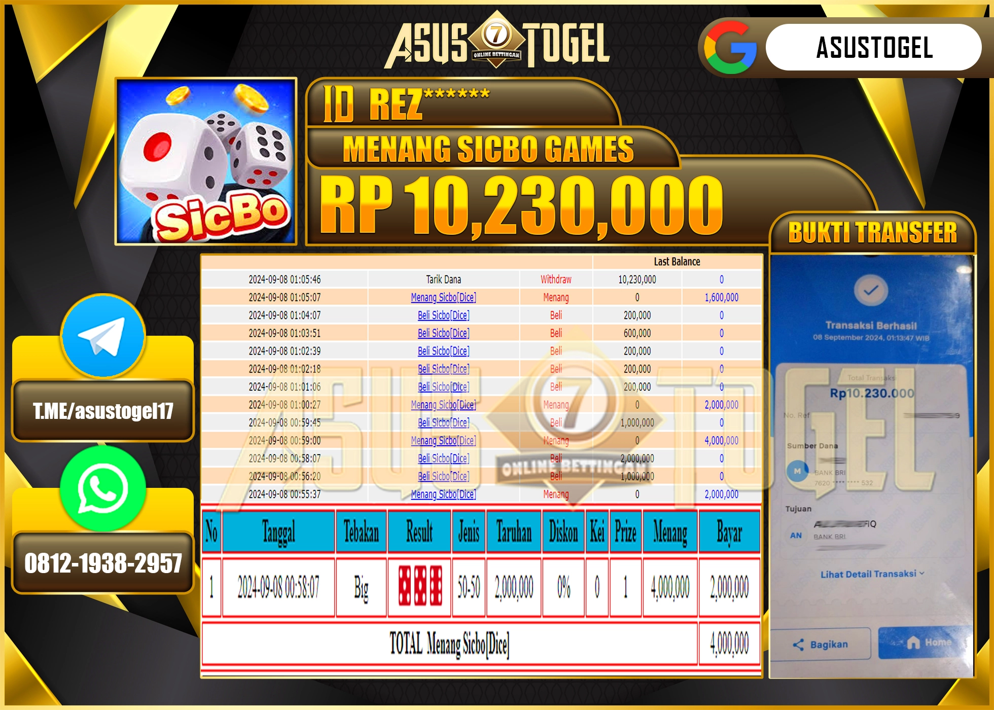 ASUSTOGEL KEMENANGAN DI LIVEGAME SICBO GAMES SEBESAR 10,230,000- RUPIAH LUNAS