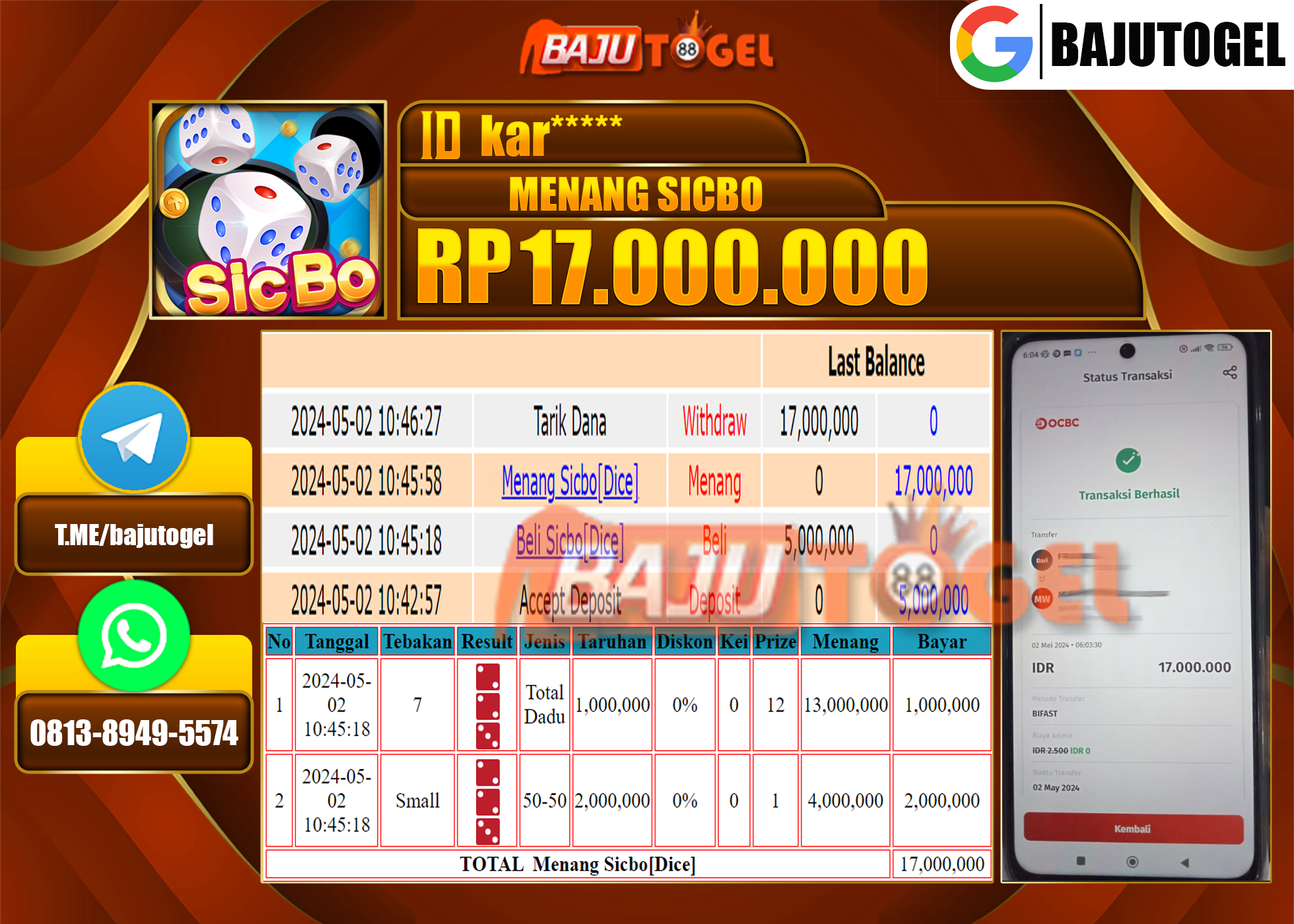 BAJUTOGEL JACKPOT CASINO SICBO Rp.17.000.000 LUNAS