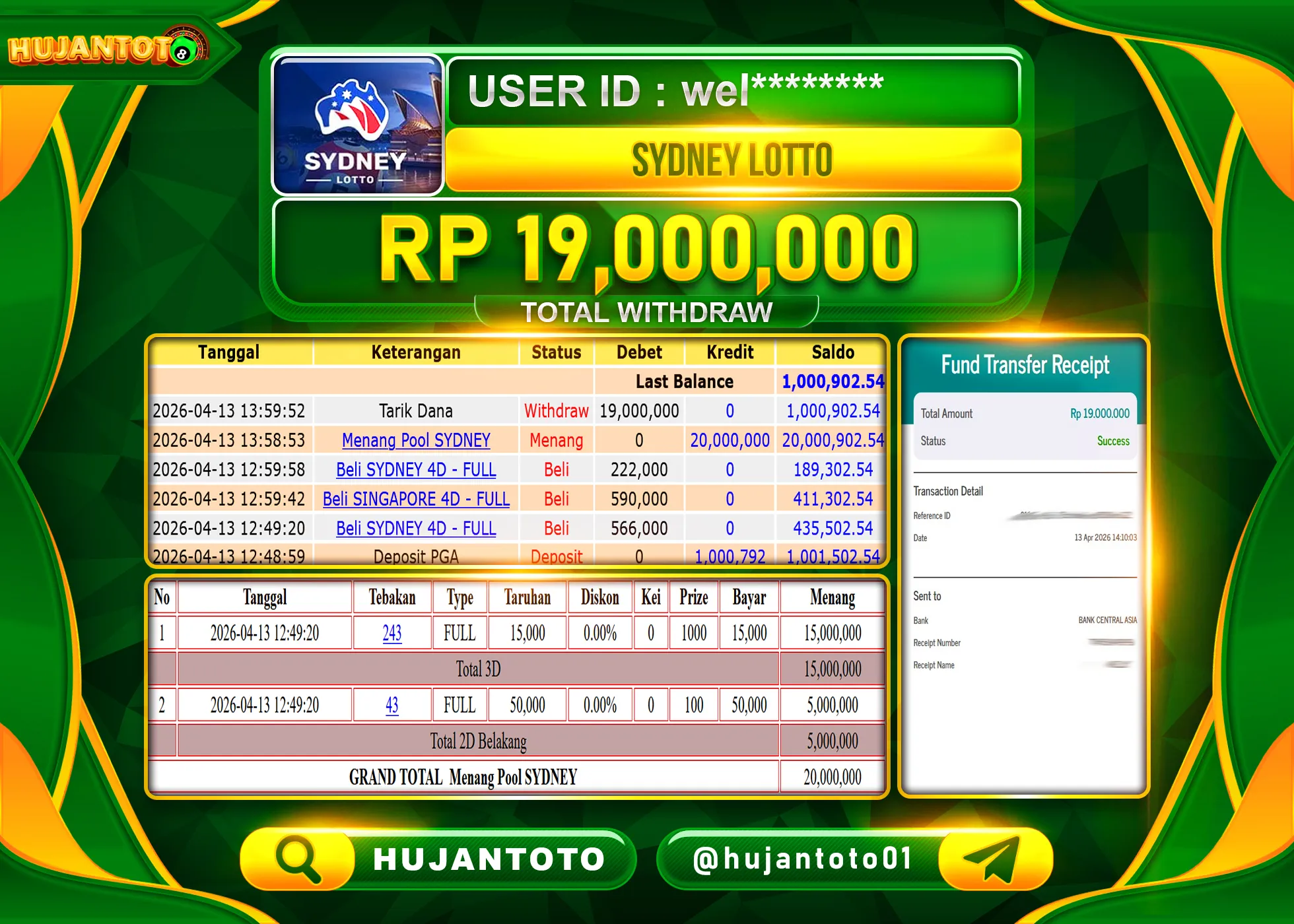 HUJANTOTO - BUKTI JACKPOT MENANG TOGEL PASARAN SYDNEY LOTTO Rp.19,000,000 - TERBAYAR LUNAS