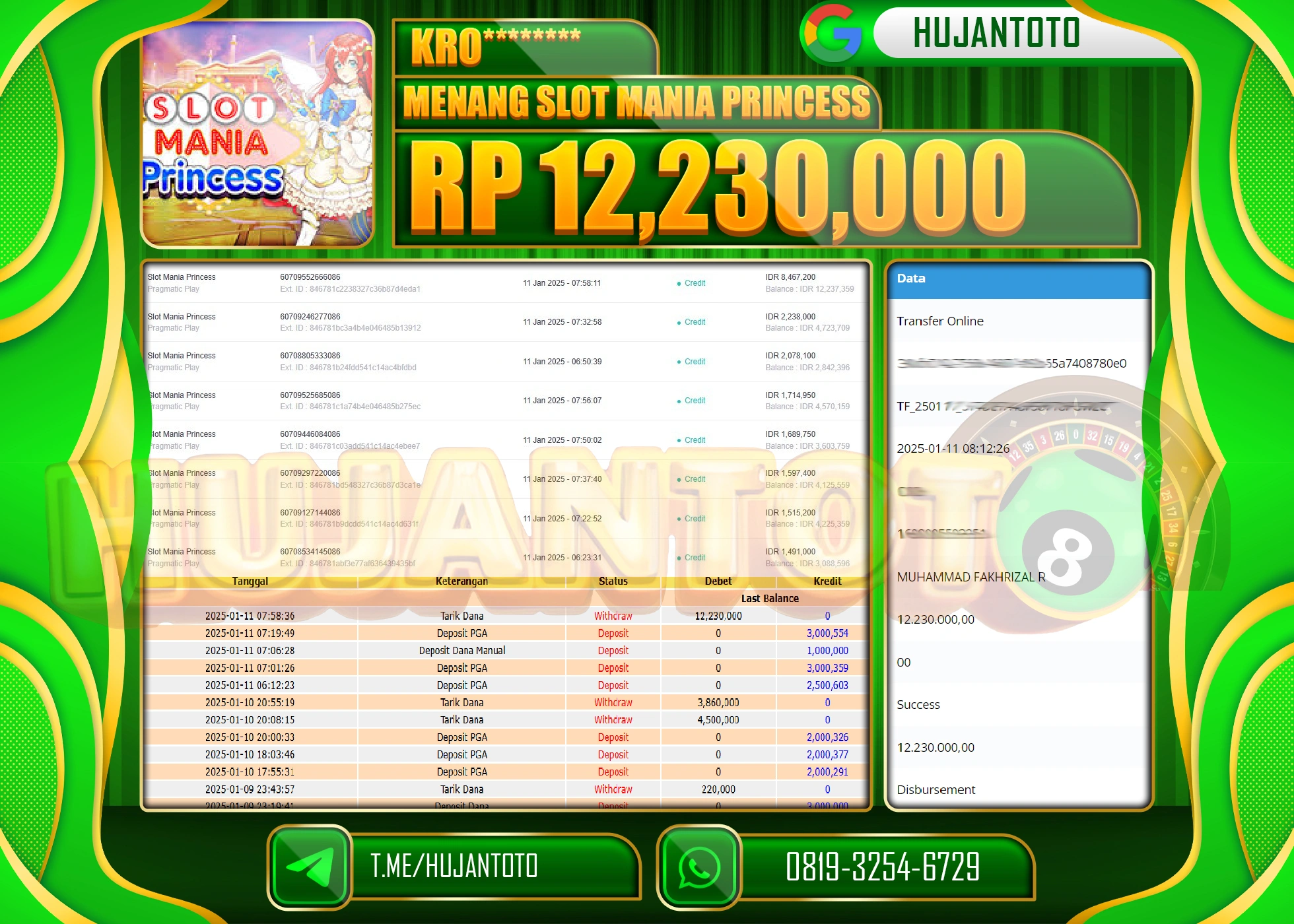 HUJANTOTO - BUKTI JACKPOT DI PERMAINAN SLOT MANIA PRINCESS Rp. 12,230,000 - TERBAYAR LUNAS