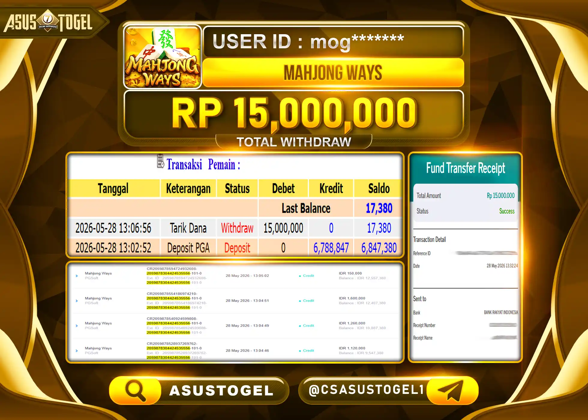 ASUSTOGEL KEMENANGAN JACKPOT SLOT MAHJONG WAYS PG SOFT Rp.15,000,000 - RUPIAH LUNAS