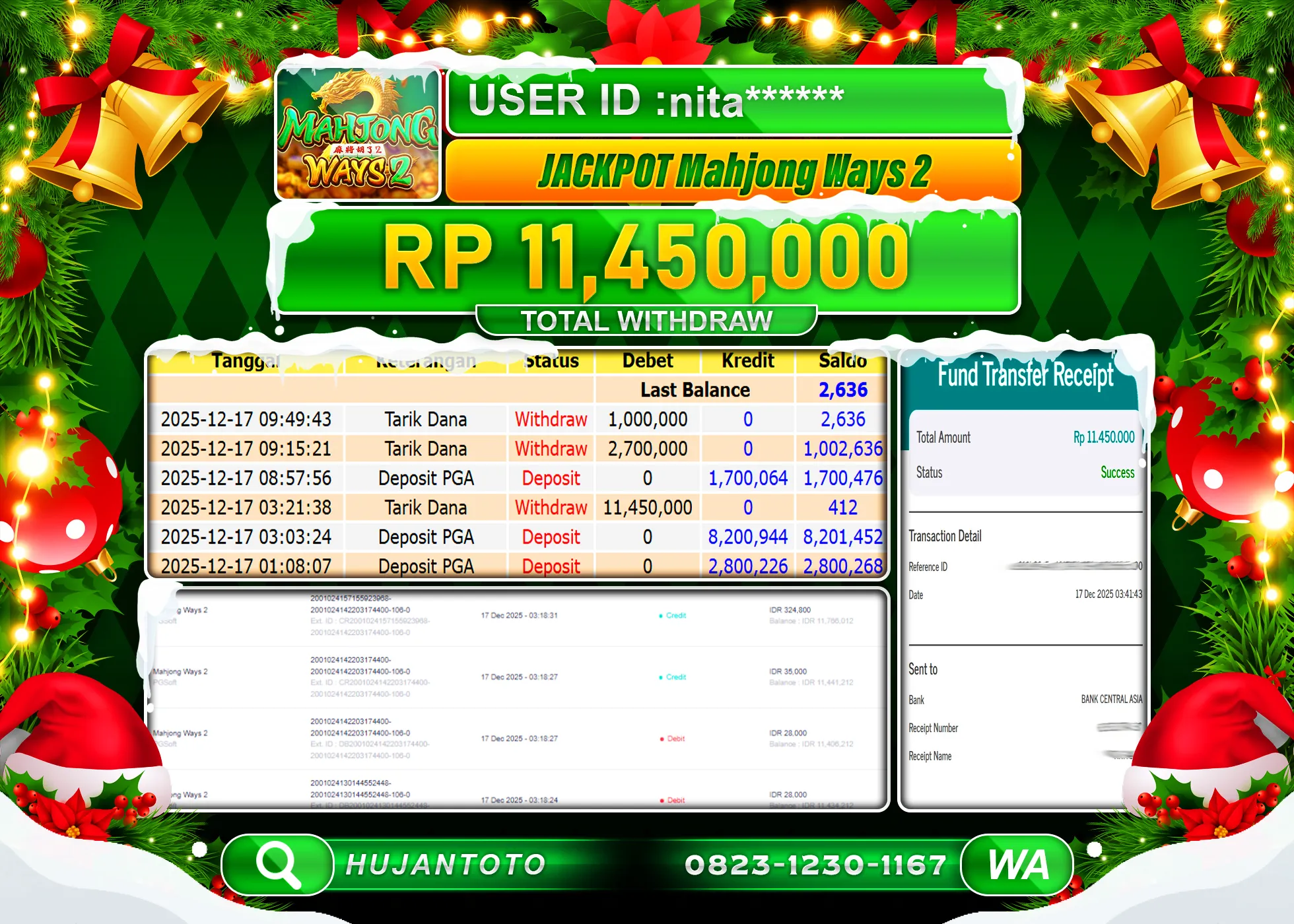 HUJANTOTO - BUKTI JACKPOT MENANG SLOT MAHJONG WAYS 2 Rp.11,450,000 - TERBAYAR LUNAS