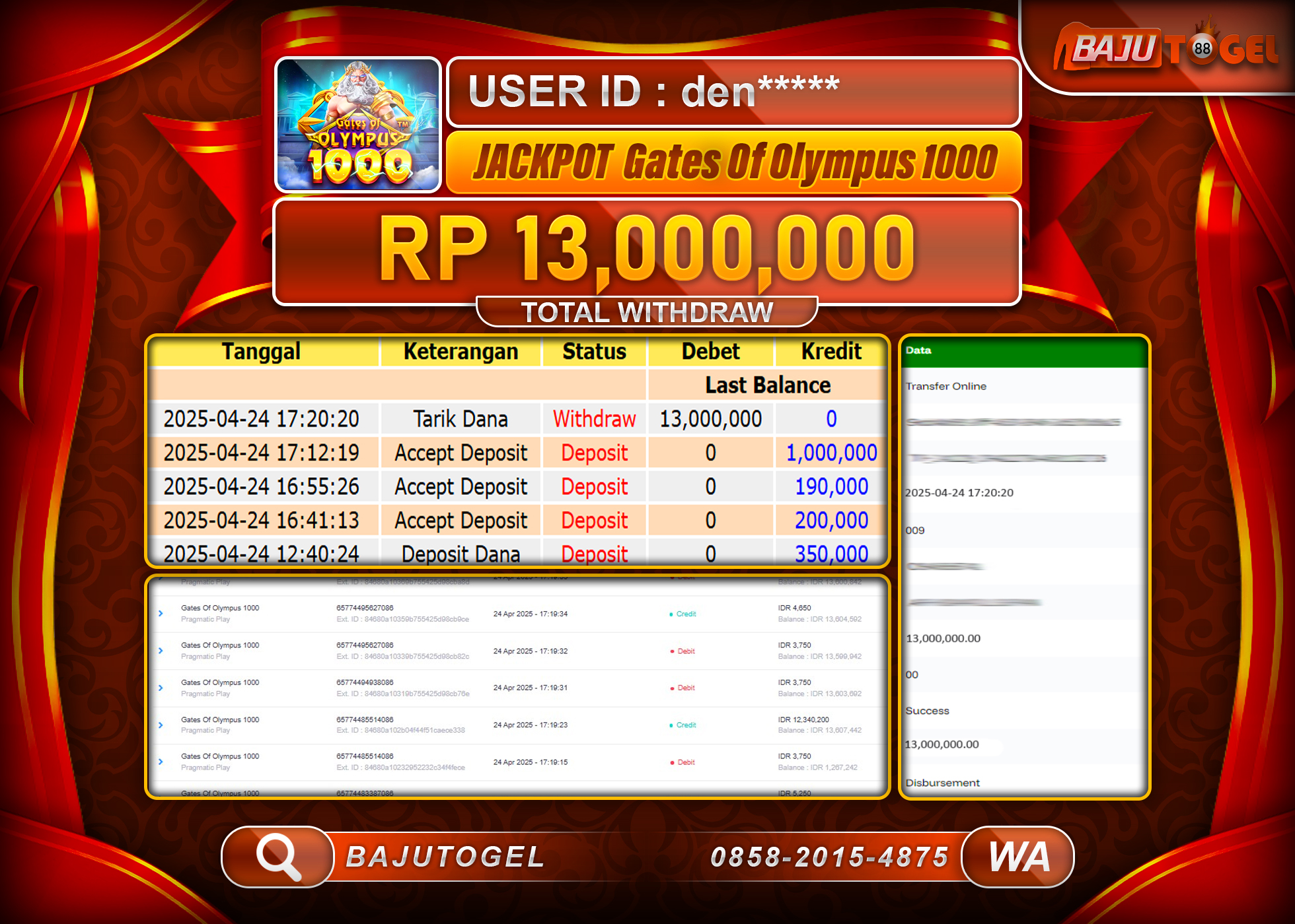 BAJUTOGEL KEMENANGAN GATES OF OLYMPUS 1000 Rp.13.000.000 LUNAS