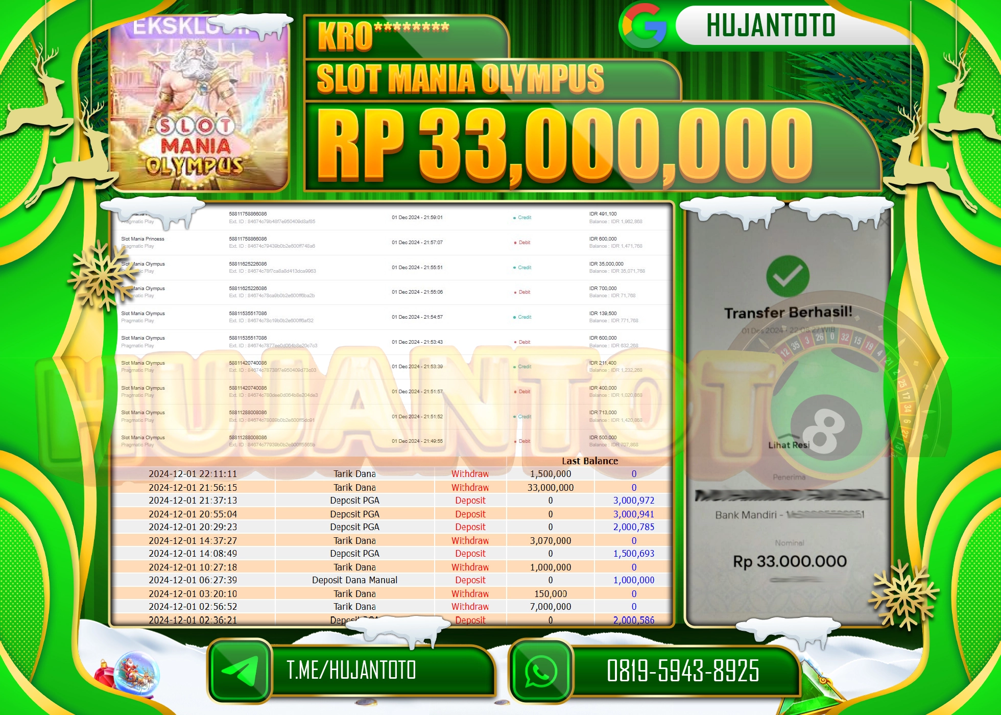 HUJANTOTO MENANG BESAR DI RAIH  PERMAINAN SLOT : SLOT MANIA OLYMPUS - 33.000.000 - LUNAS 