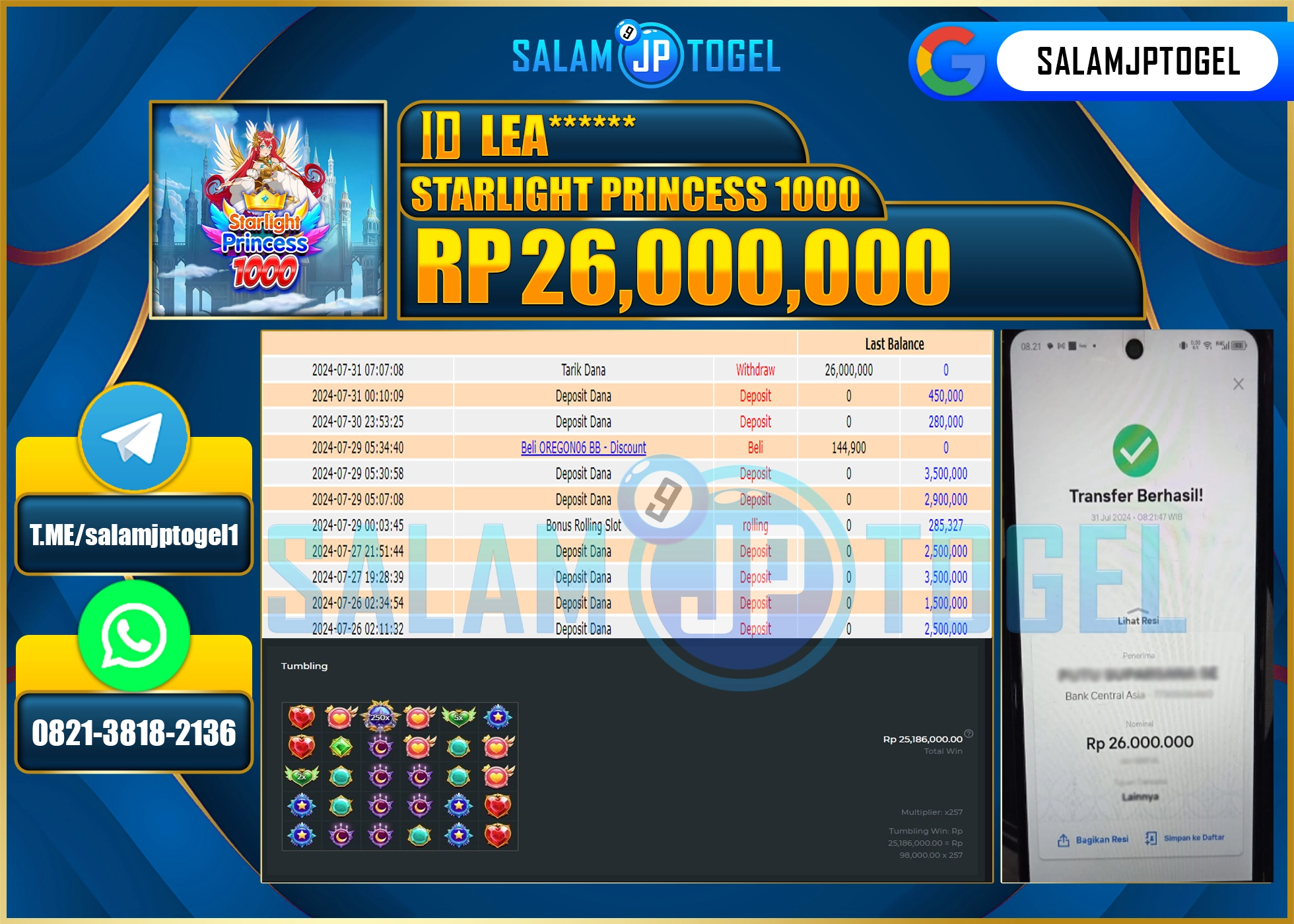 SALAMJPTOGEL MENANG SLOT STARLIGHT PRINCESS 1000 RP. 26,000,000 LUNAS