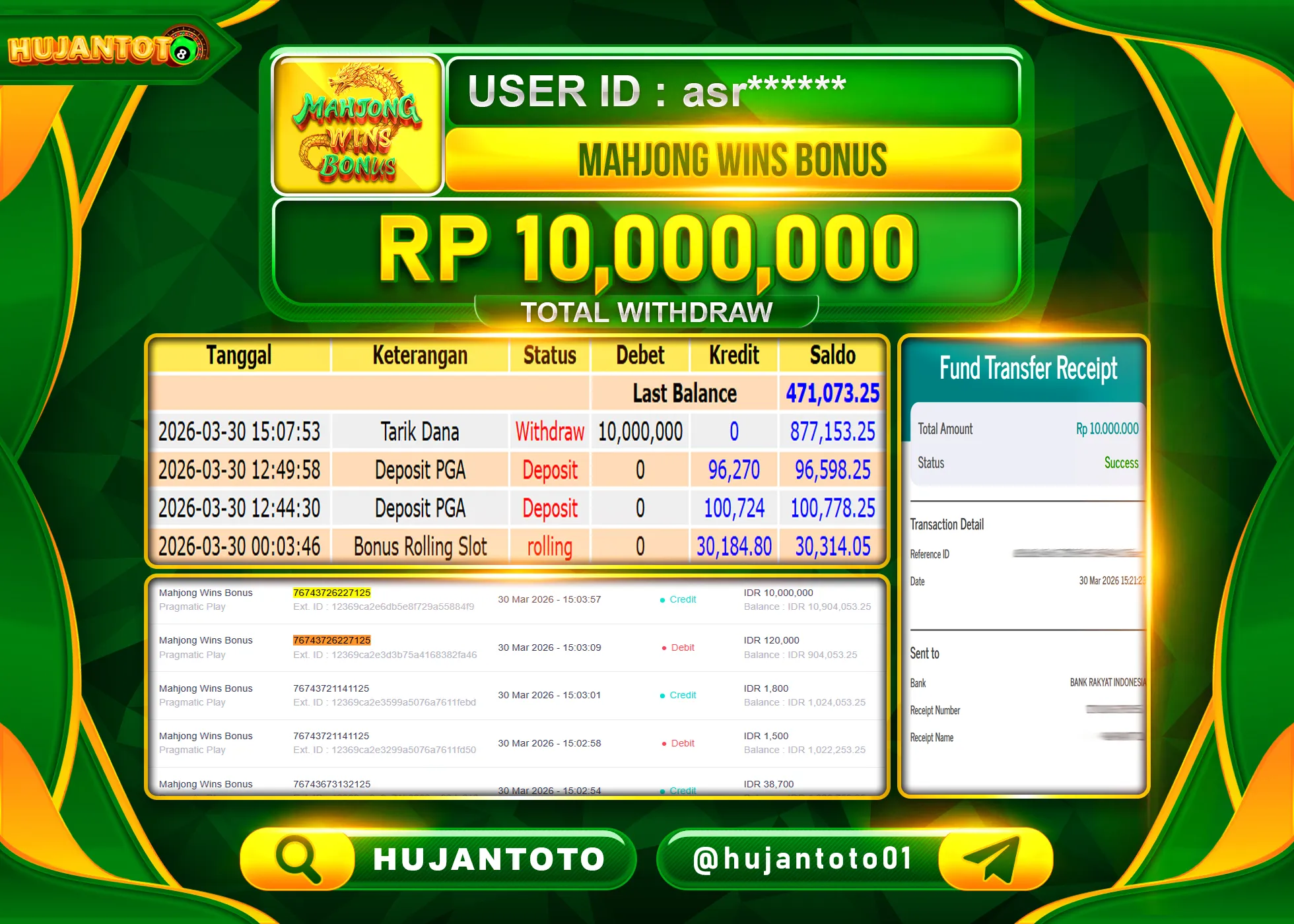 HUJANTOTO - BUKTI JACKPOT MENANG SLOT MAHJONG WINS BONUS Rp.10,000,000 - TERBAYAR LUNAS