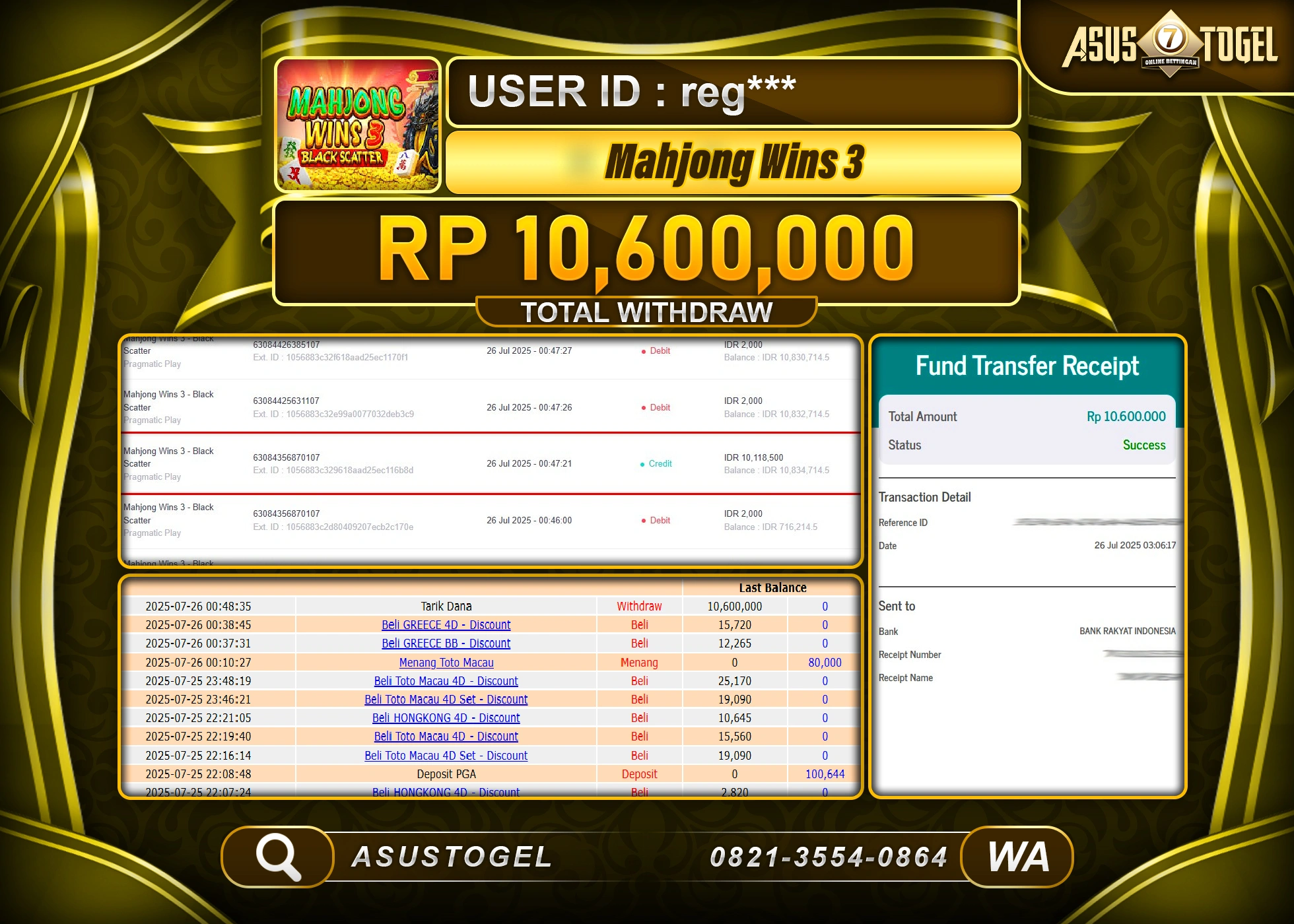ASUSTOGEL KEMENANGAN DI SLOT MAHJONG WINS 3 SEBESAR 10,600,000- RUPIAH LUNAS