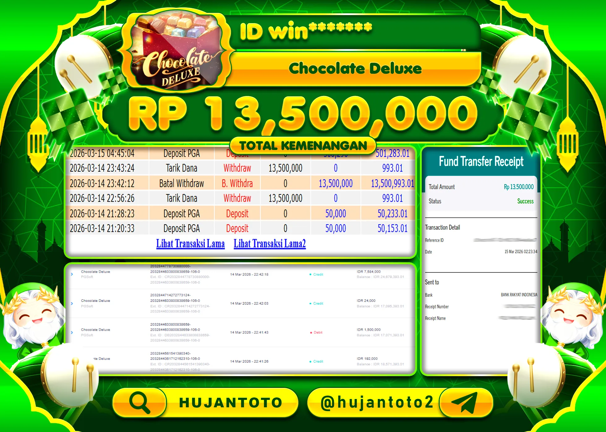 HUJANTOTO - BUKTI JACKPOT MENANG SLOT CHOCOLATE DELUXE Rp.13,500,000 - TERBAYAR LUNAS