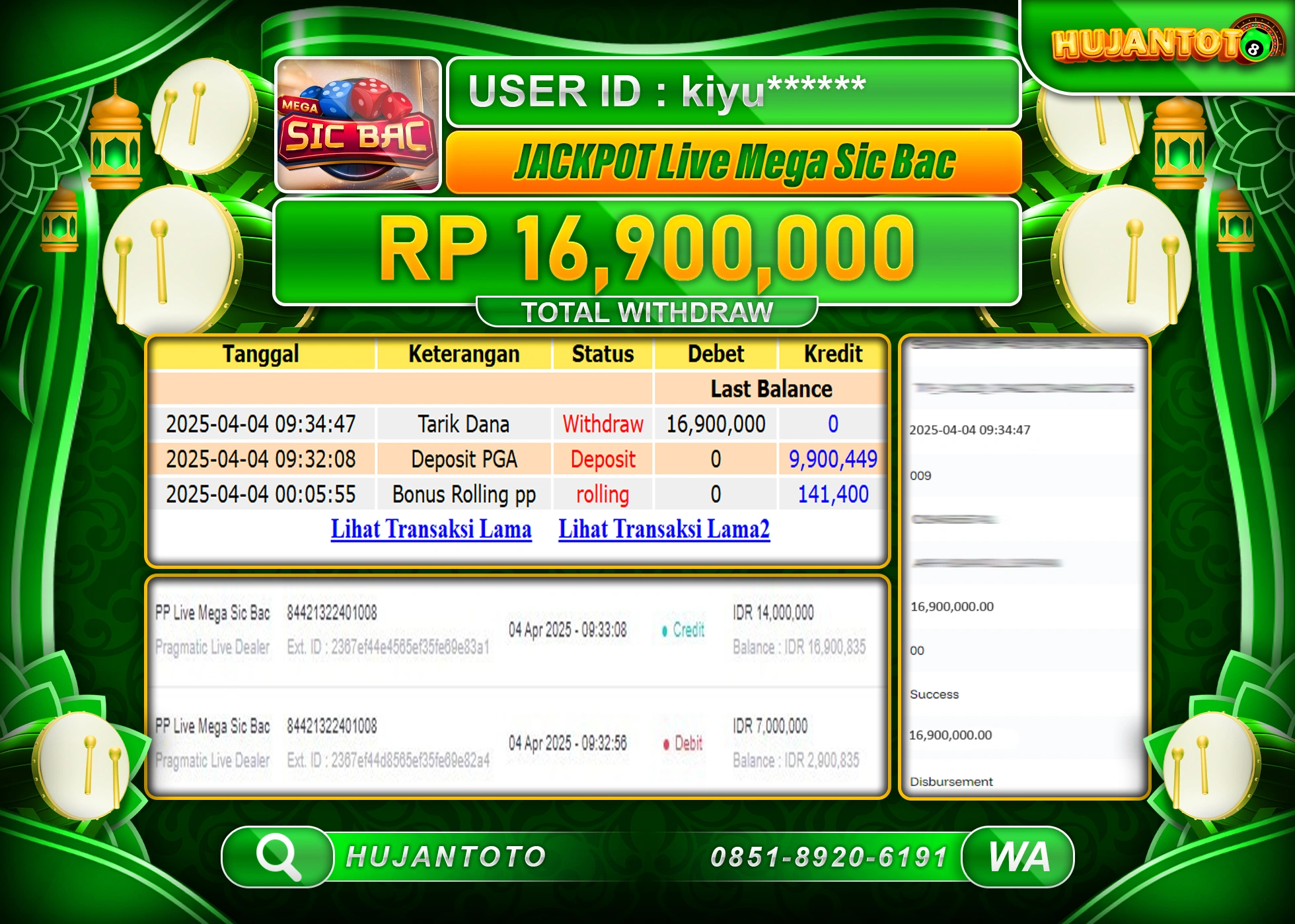 HUJANTOTO - BUKTI JACKPOT MENANG PRAGMATIC LIVE MEGA SIC BAC Rp.16,900,000 - TERBAYAR LUNAS