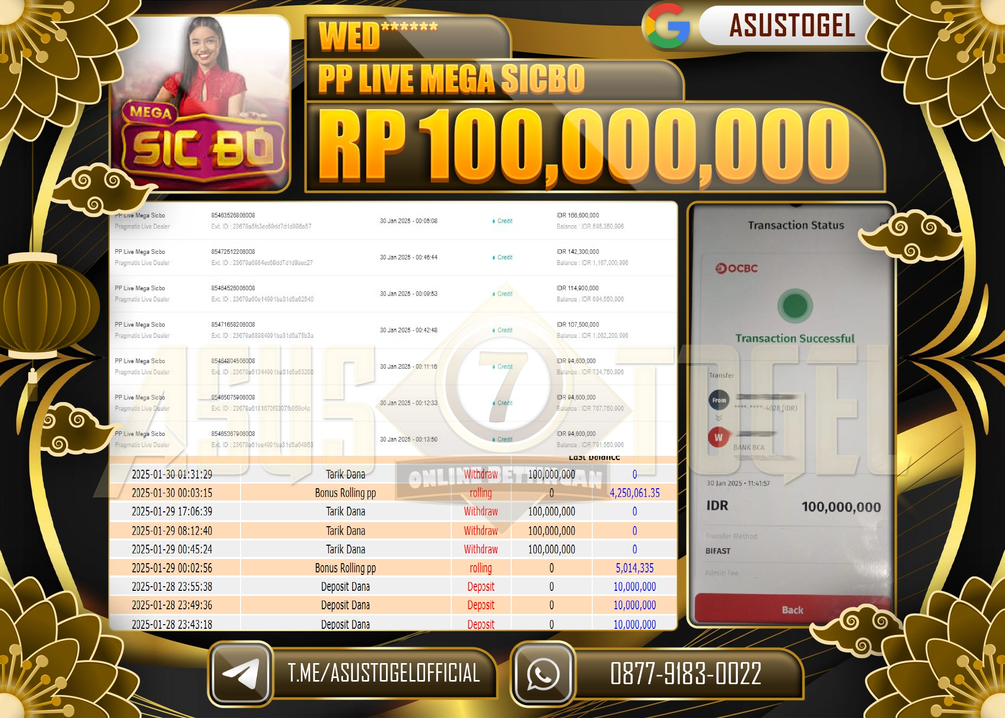 ASUSTOGEL KEMENANGAN DI PP LIVE MEGA SICBO SEBESAR 100.000.000 - RUPIAH LUNAS