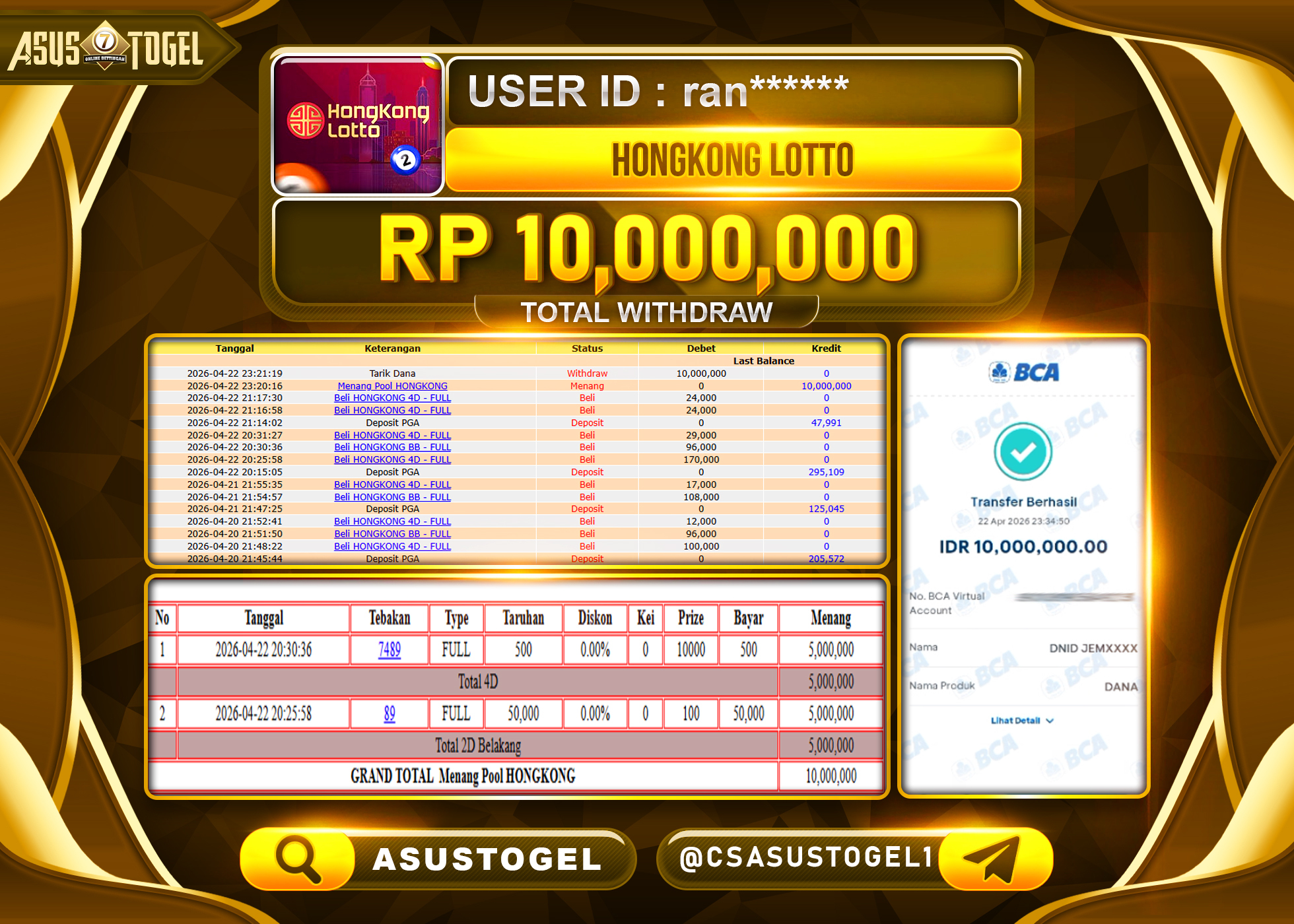 ASUSTOGEL KEMENANGAN JACKPOT DI TOGEL PASARAN HONGKONG LOTTO SEBESAR Rp.10,000,000 - RUPIAH LUNAS