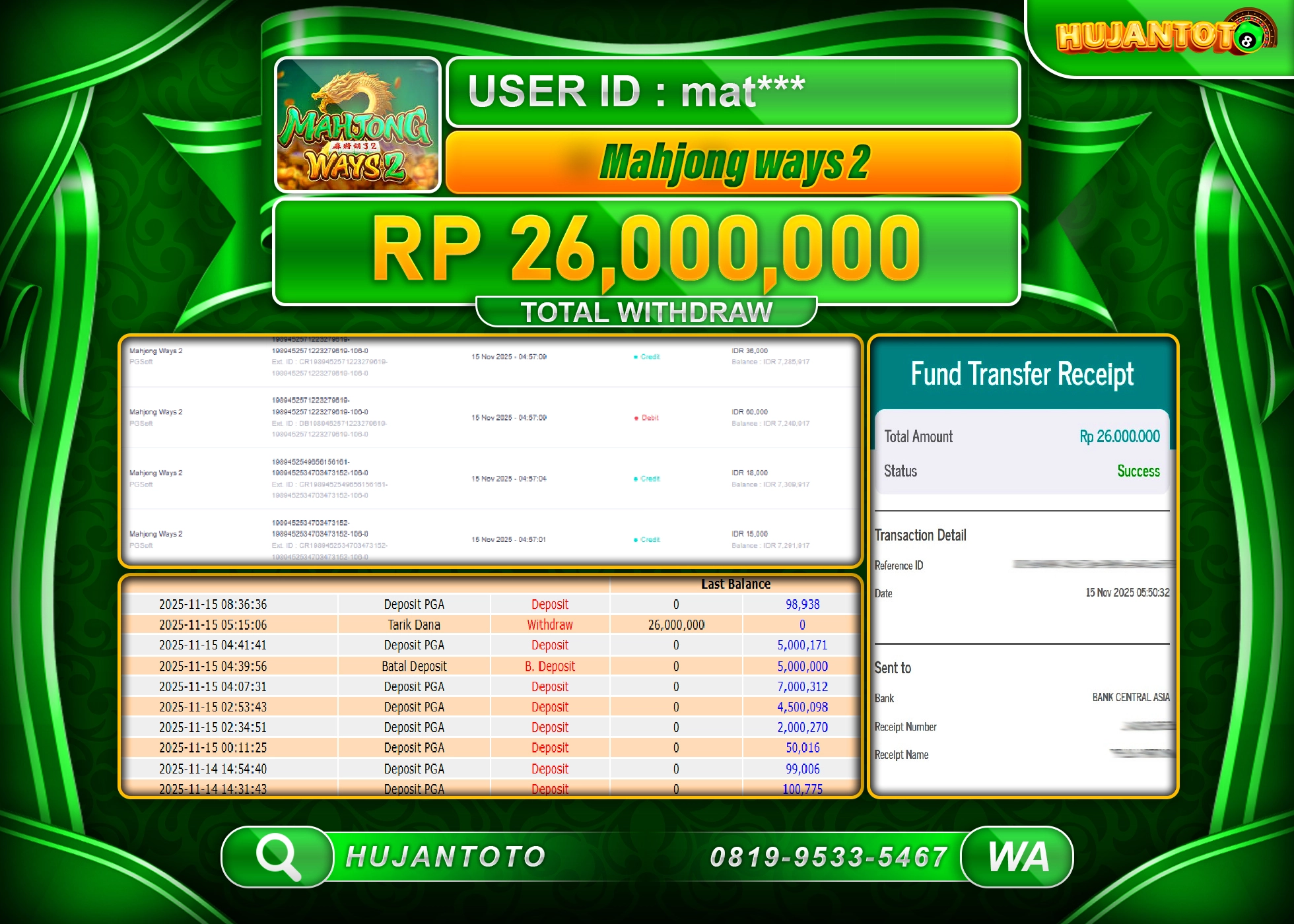 HUJANTOTO - BUKTI JACKPOT MENANG SLOT MAHJONG WAYS 2 PG SOFT Rp.26,000,000 - TERBAYAR LUNAS