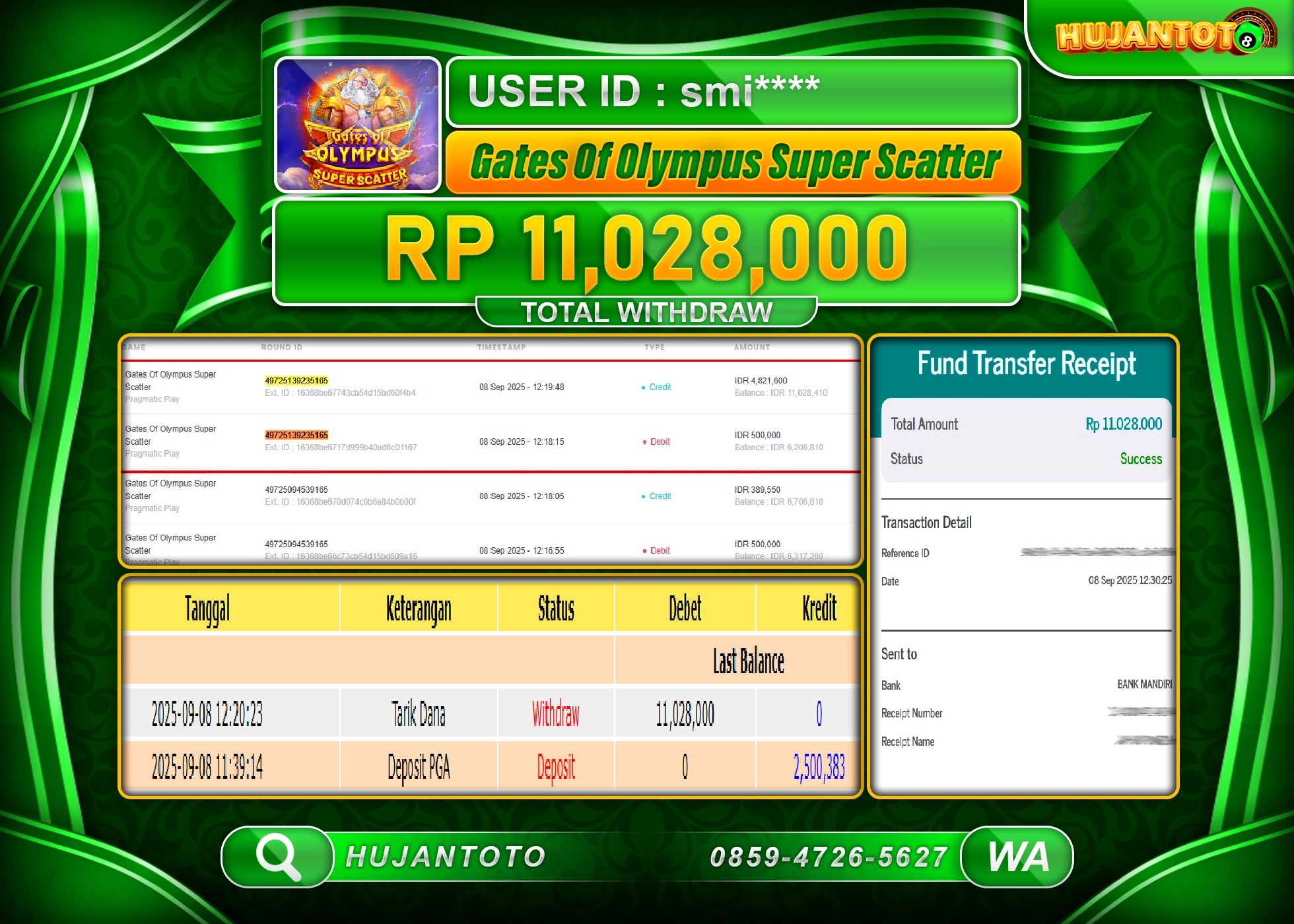 HUJANTOTO - BUKTI JACKPOT MENANG SLOT GATES OF OLYMPUS SUPER SCATTER Rp.11,028,000 - TERBAYAR LUNAS