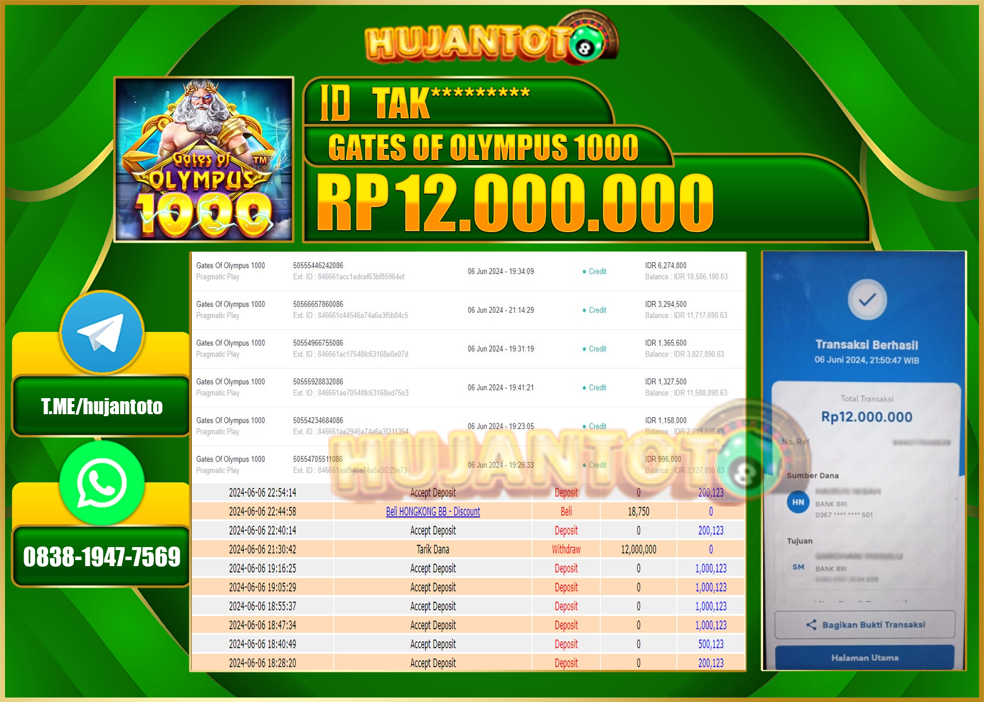 HUJANTOTO MENANG SLOT GATES OF OLYMPUS(1000) 12.000.000 - LUNAS 