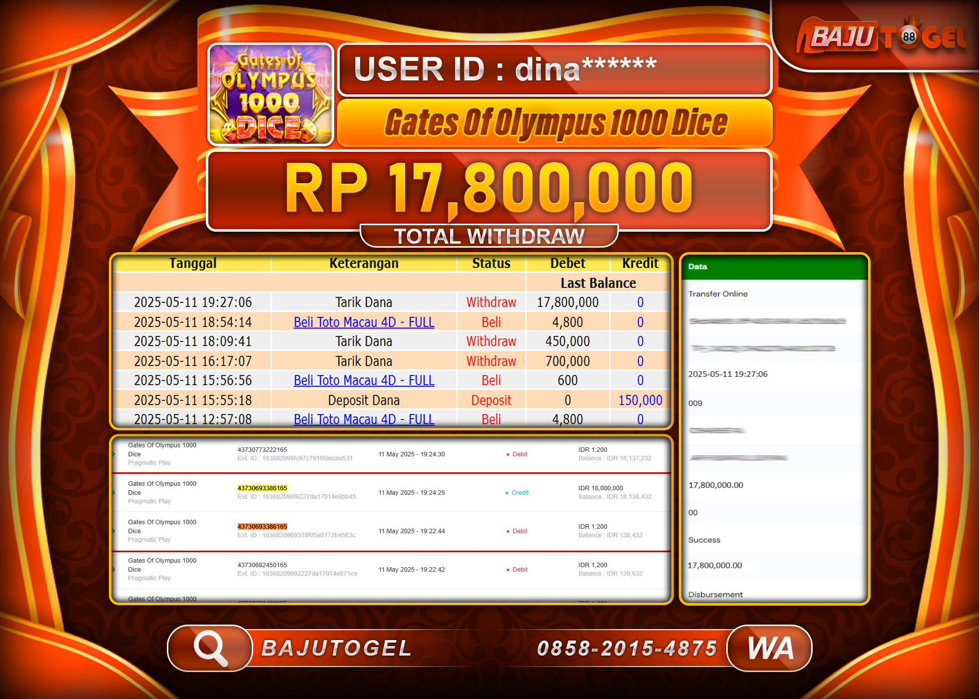 BAJUTOGEL KEMENANGAN  OLYMPUS 1000 DICE Rp.17.800.000 LUNAS