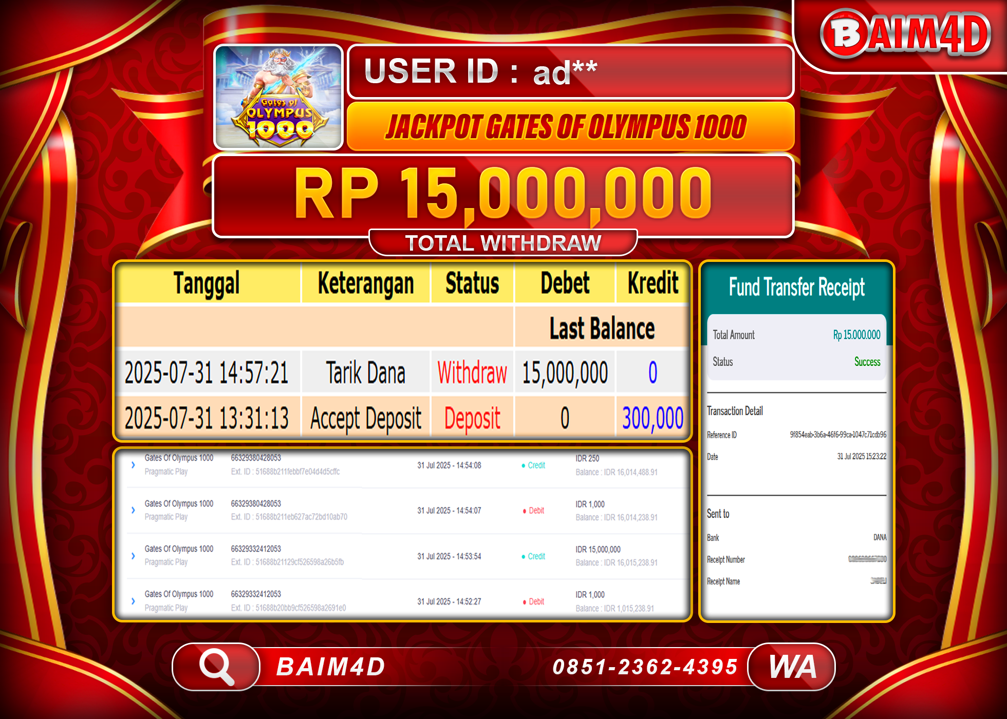 BAIM4D JACKPOT SLOT GATES OF OLYMPUS 1000 Rp.15,000,000.- LUNAS