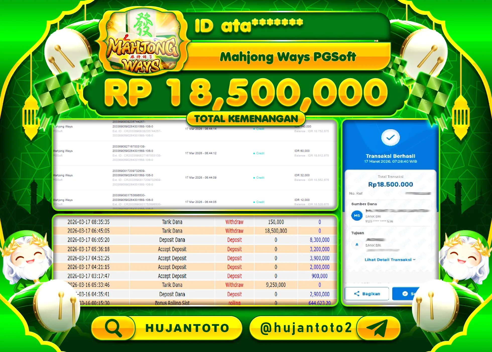 HUJANTOTO - BUKTI JACKPOT MENANG SLOT MAHJONG WAYS Rp.18,500,000 - TERBAYAR LUNAS