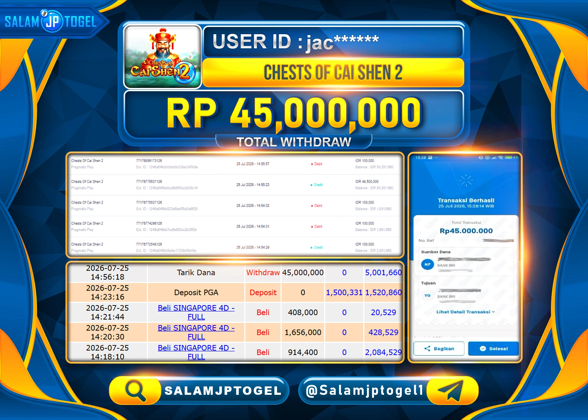 SALAMJPTOGEL JACKPOT MENANG SLOT CHESTS OF CAI SEN 2 Rp.45,000,000 - LUNAS