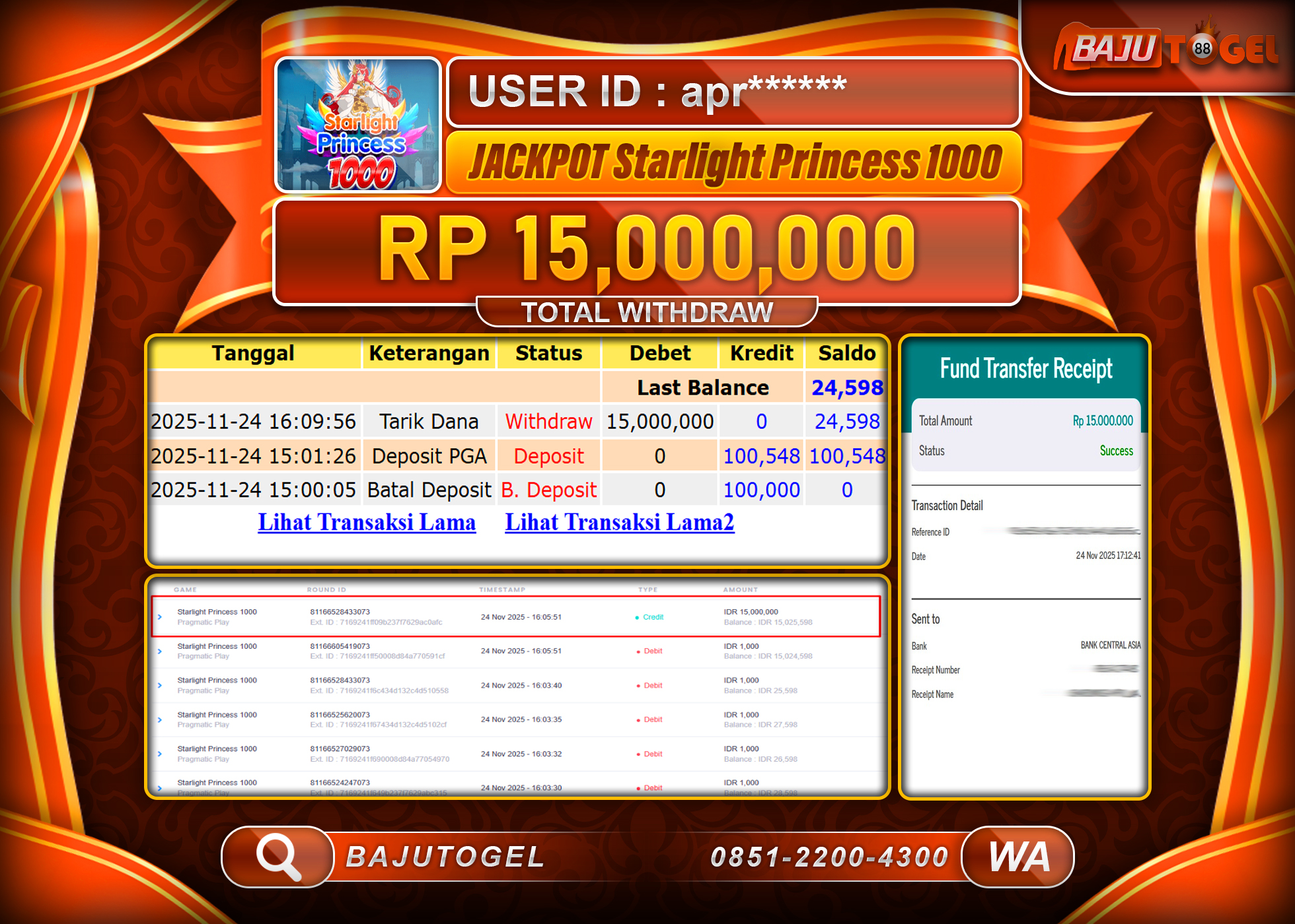 BAJUTOGEL KEMENANGAN DI STARLIGHT PRINCESS 1000  Rp.15,000,000 LUNAS