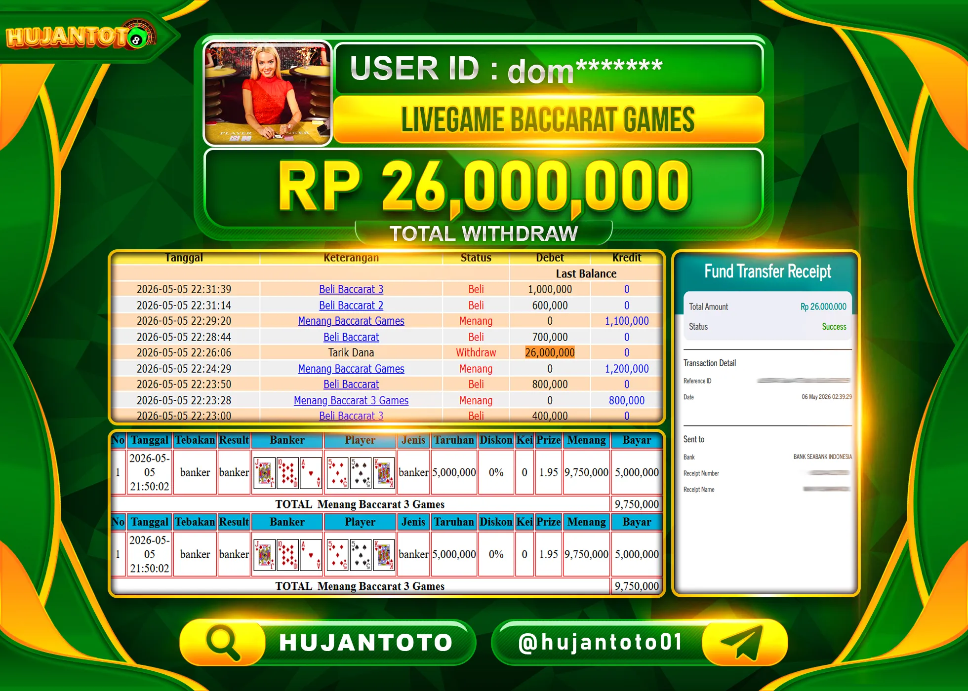 HUJANTOTO - BUKTI JACKPOT MENANG LIVEGAME BACCARAT GAMES Rp.26,000,000 - TERBAYAR LUNAS